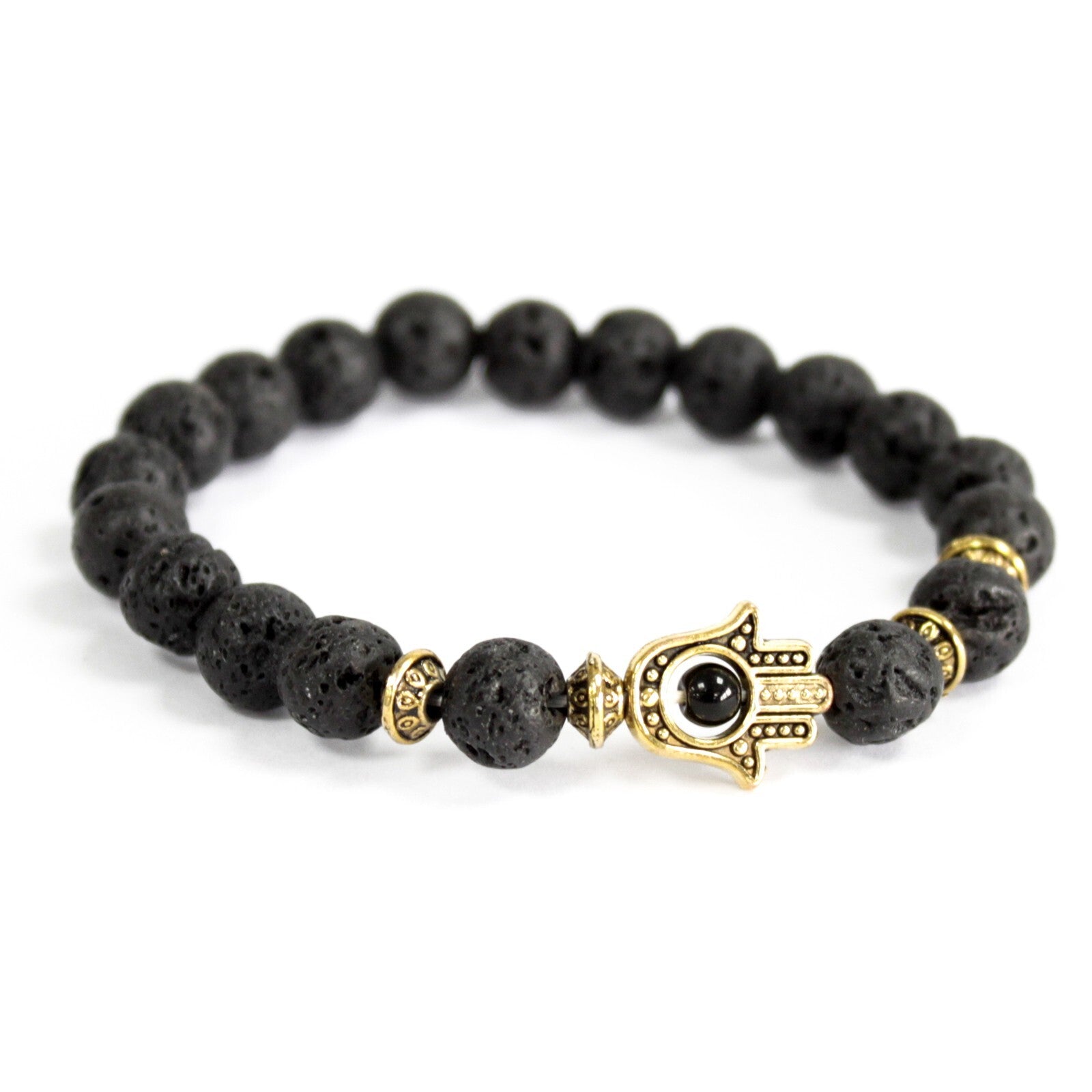 Gold Hamsa / Lava Stone - Gemstone Bracelet - Per case: 3 Piece