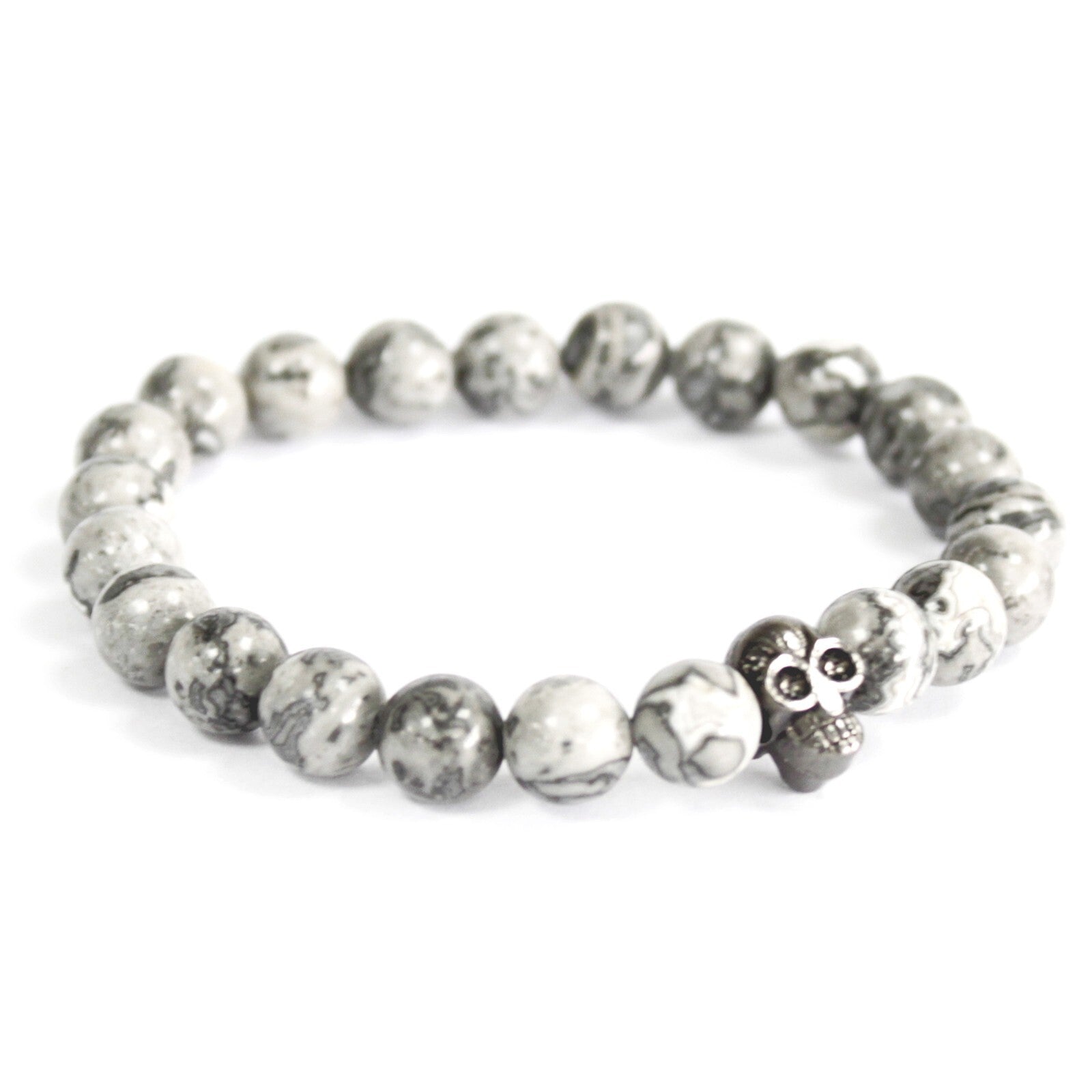 Pewter Skull / Grey Agate - Gemstone Bracelet - Per case: 3 Piece