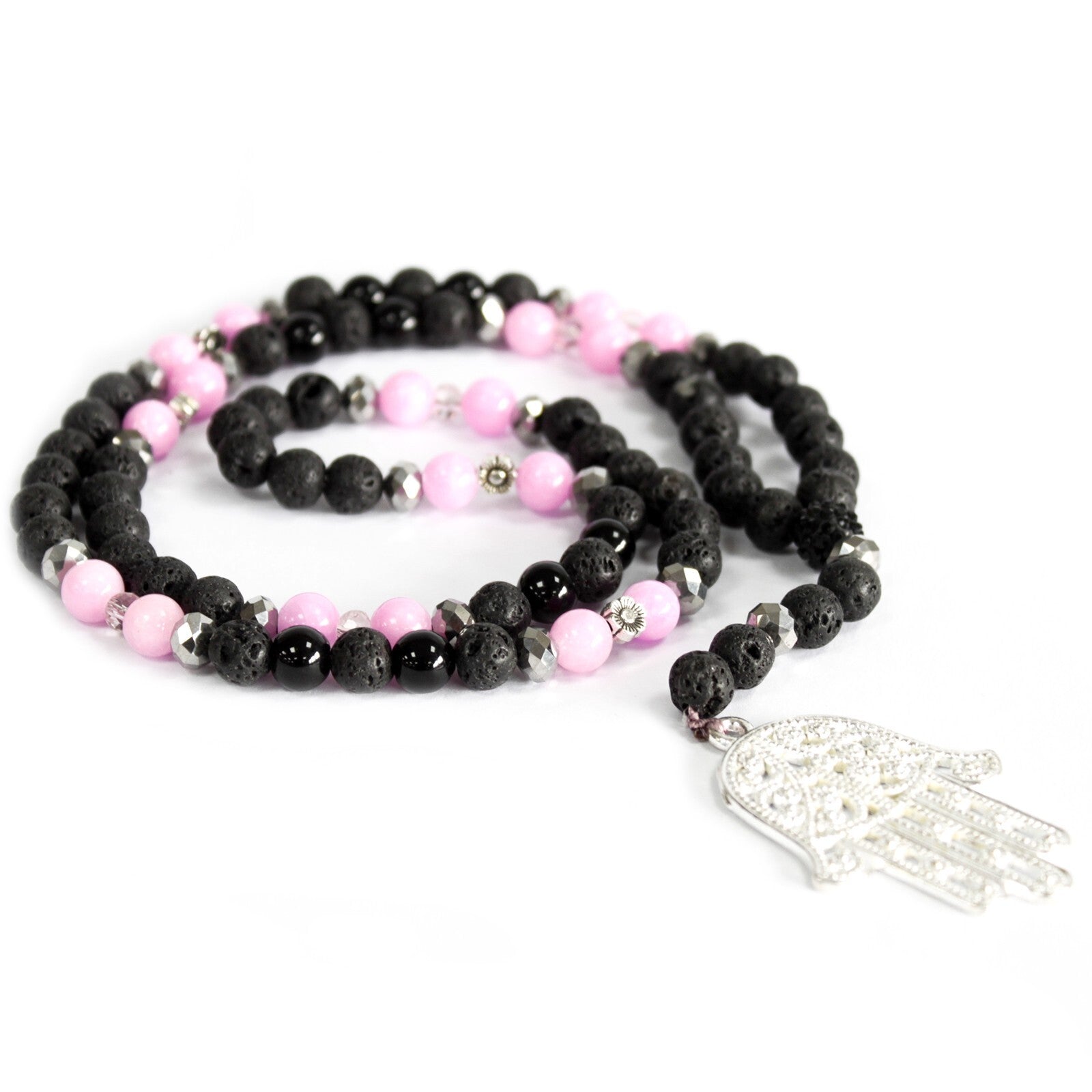 Hamsa / Pink & Black - Gemstone Necklace - Per case: 1 Piece