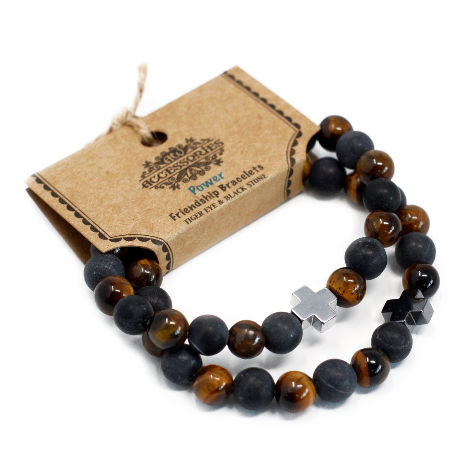 Set of 2 Gemstones Friendship Bracelets - Power - Tiger Eye & Black Stone - Per case: 1 Piece