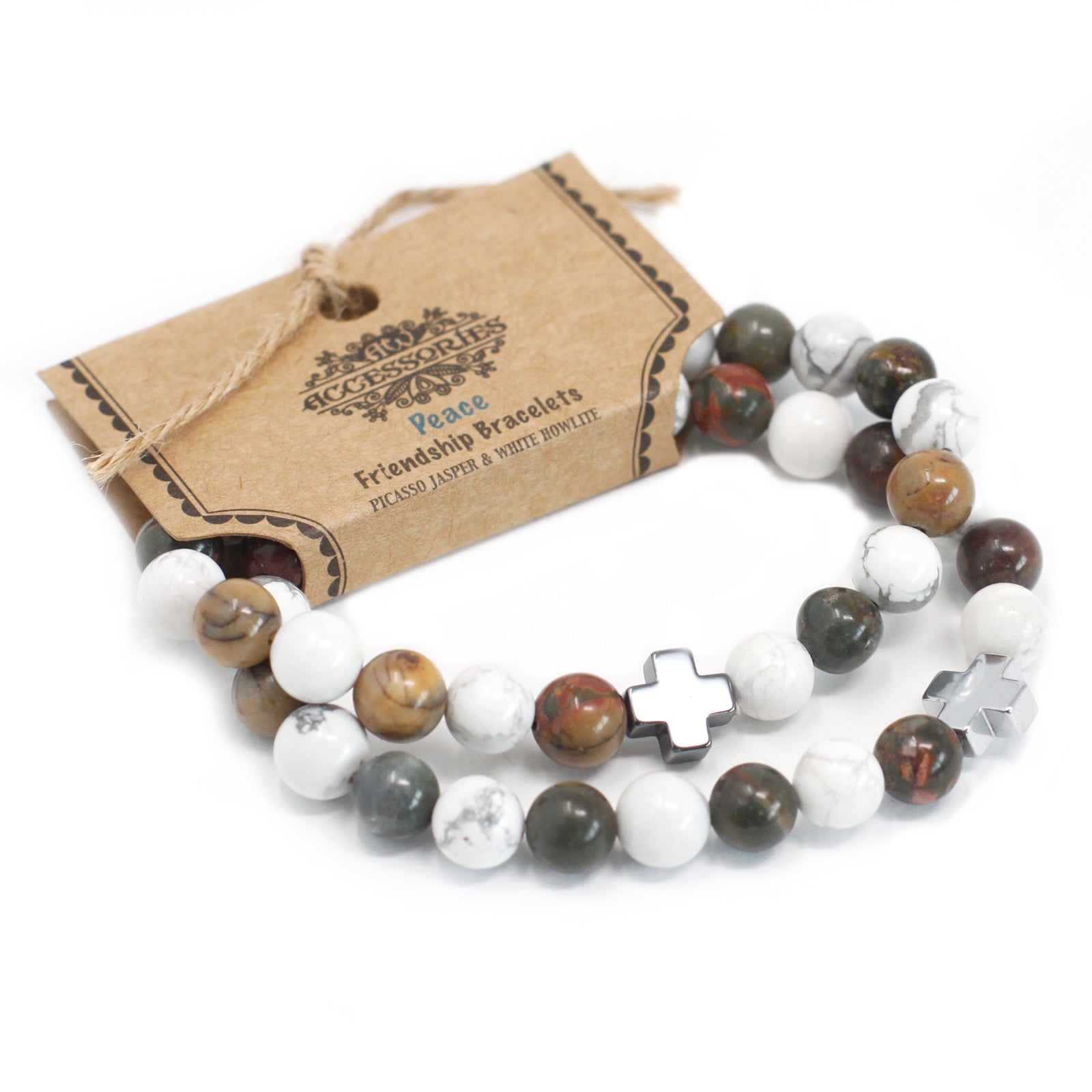 Set of 2 Gemstones Friendship Bracelets - Peace - Picasso Jasper & White Howlite - Per case: 1 Piece