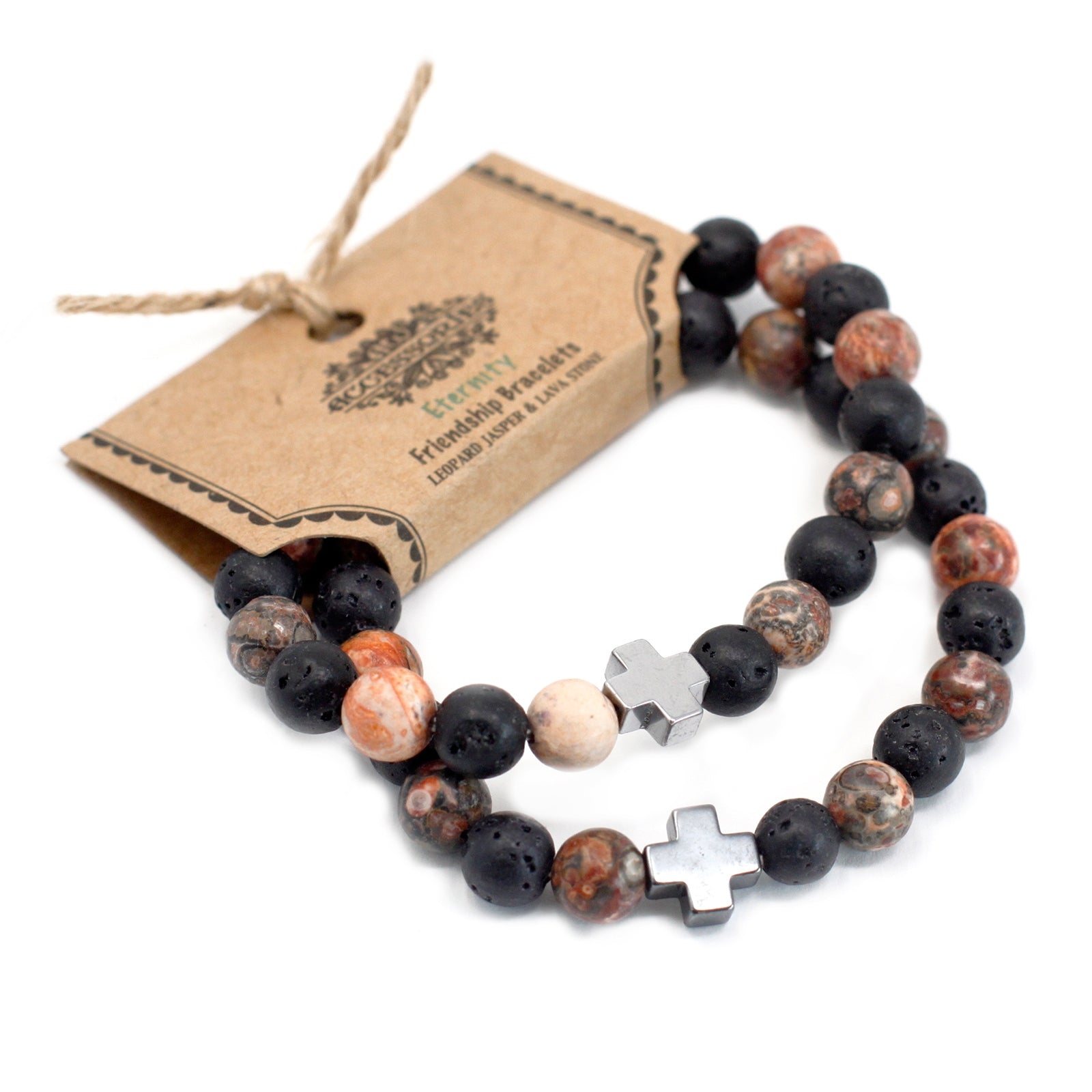 Set of 2 Gemstones Friendship Bracelets - Eternity - Leopard Skin Jasper & Lava Stone - Per case: 1 Piece