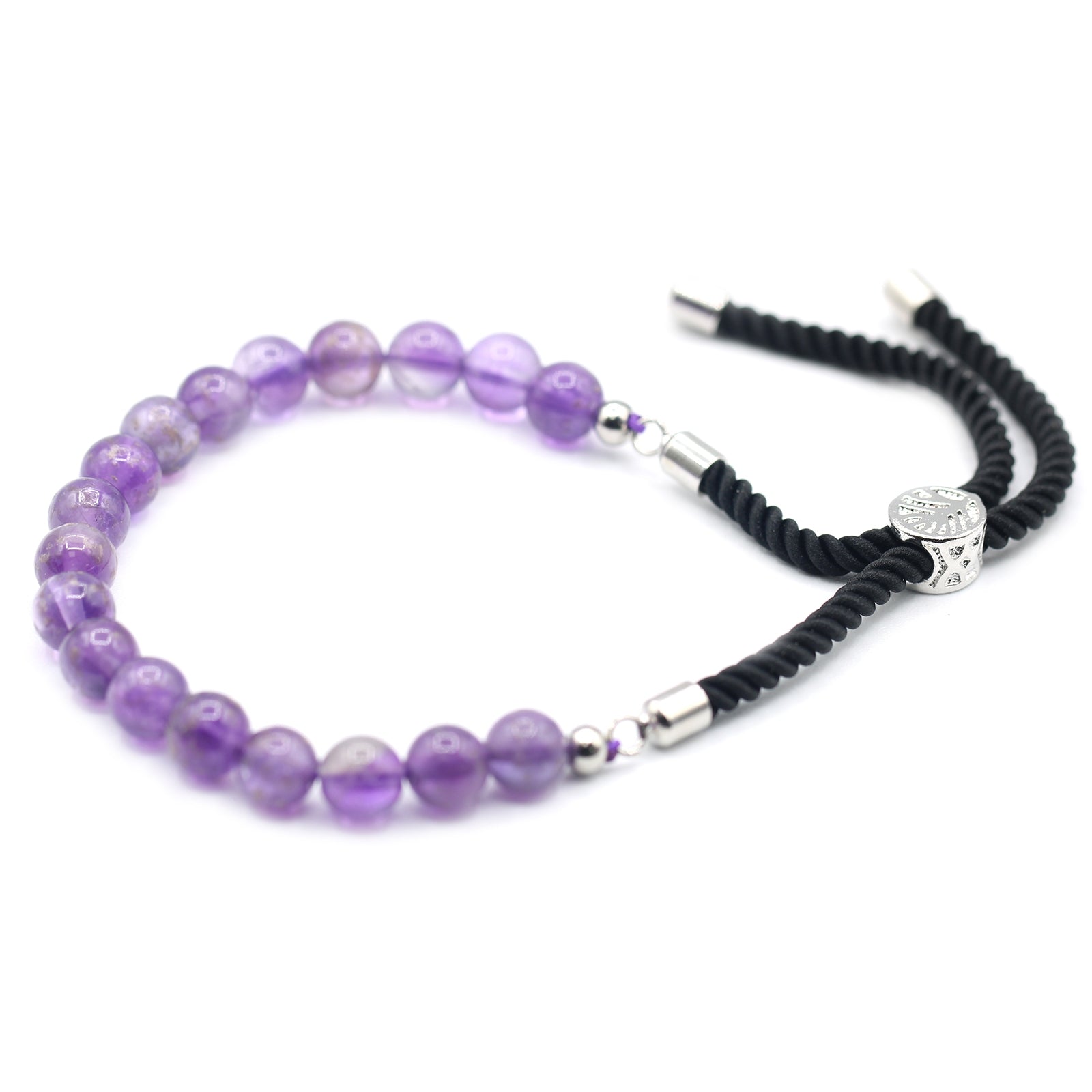 925 Silver Plated Gemstone Black String Bracelet - Amethyst - Per case: 1 Piece