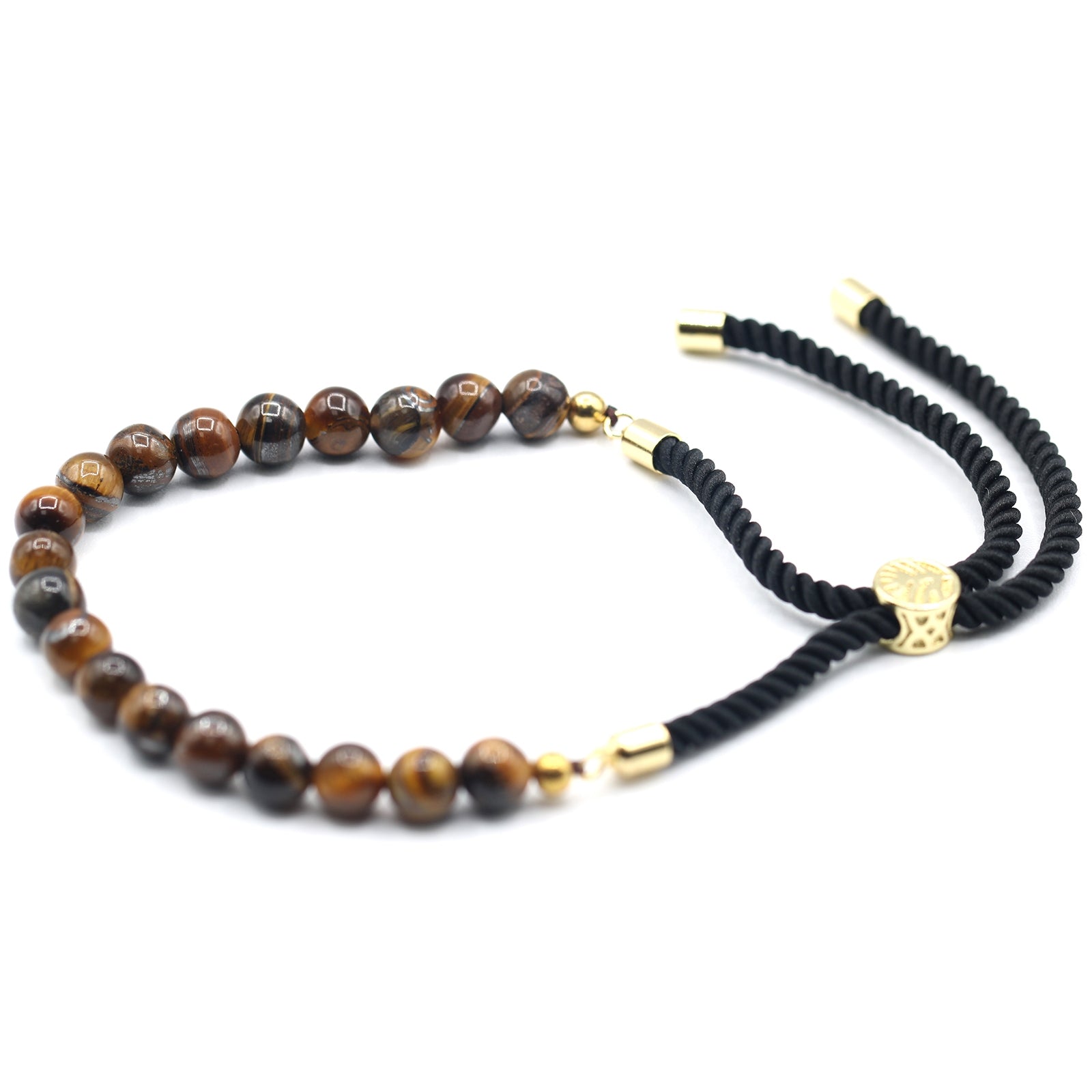 18K Gold Plated Gemstone Black String Bracelet - Tiger Eye - Per case: 1 Piece