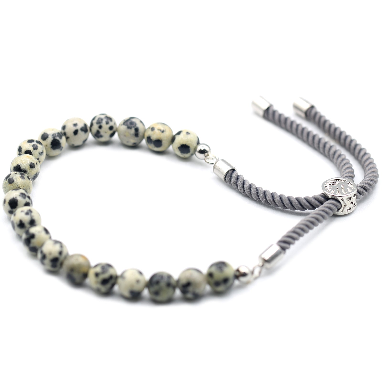 925 Silver Plated Gemstone Charcoal String Bracelet - Dalmation Jasper - Per case: 1 Piece