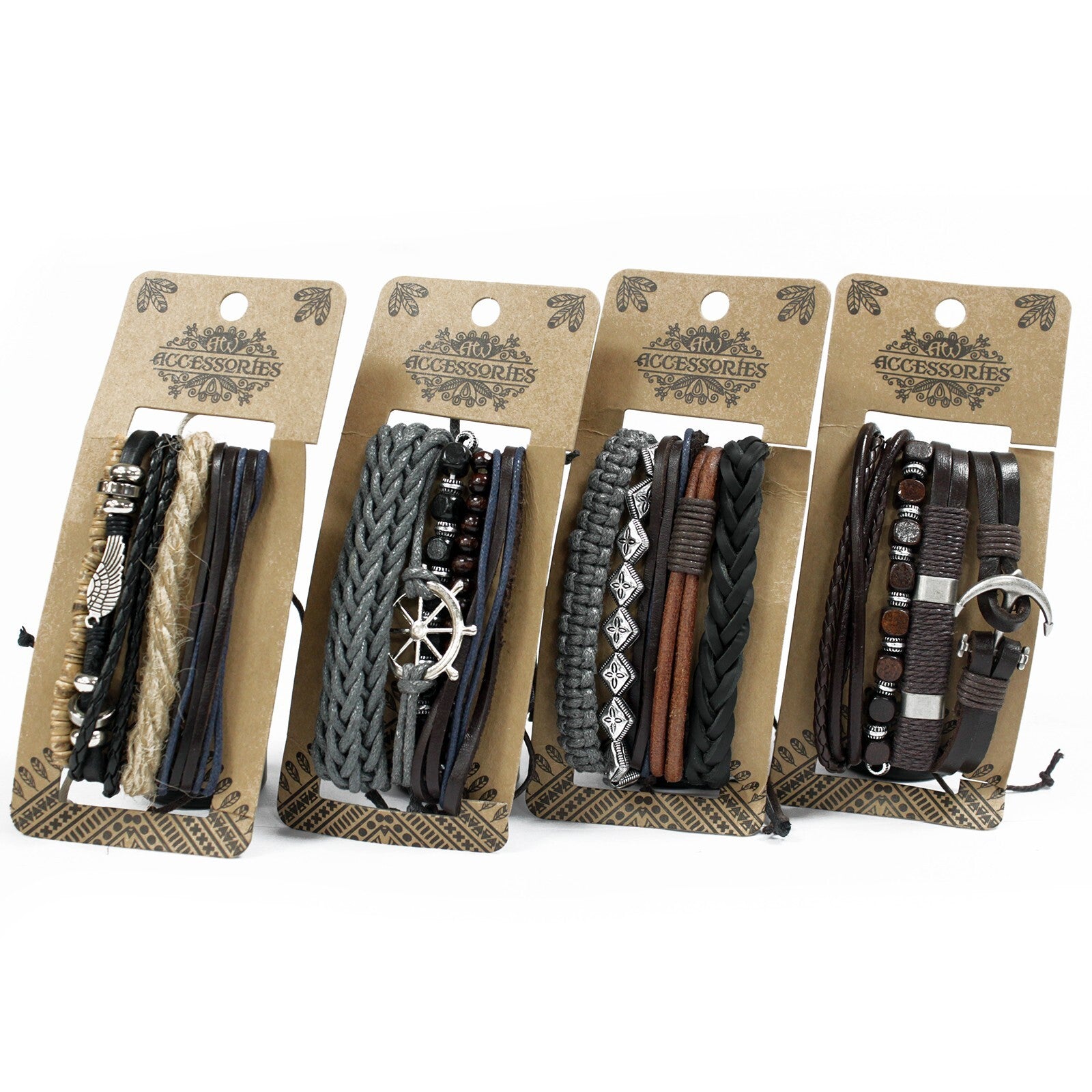 Mens Bracelet Sets - Metal & Leather (asst) - Per case: 1 Piece