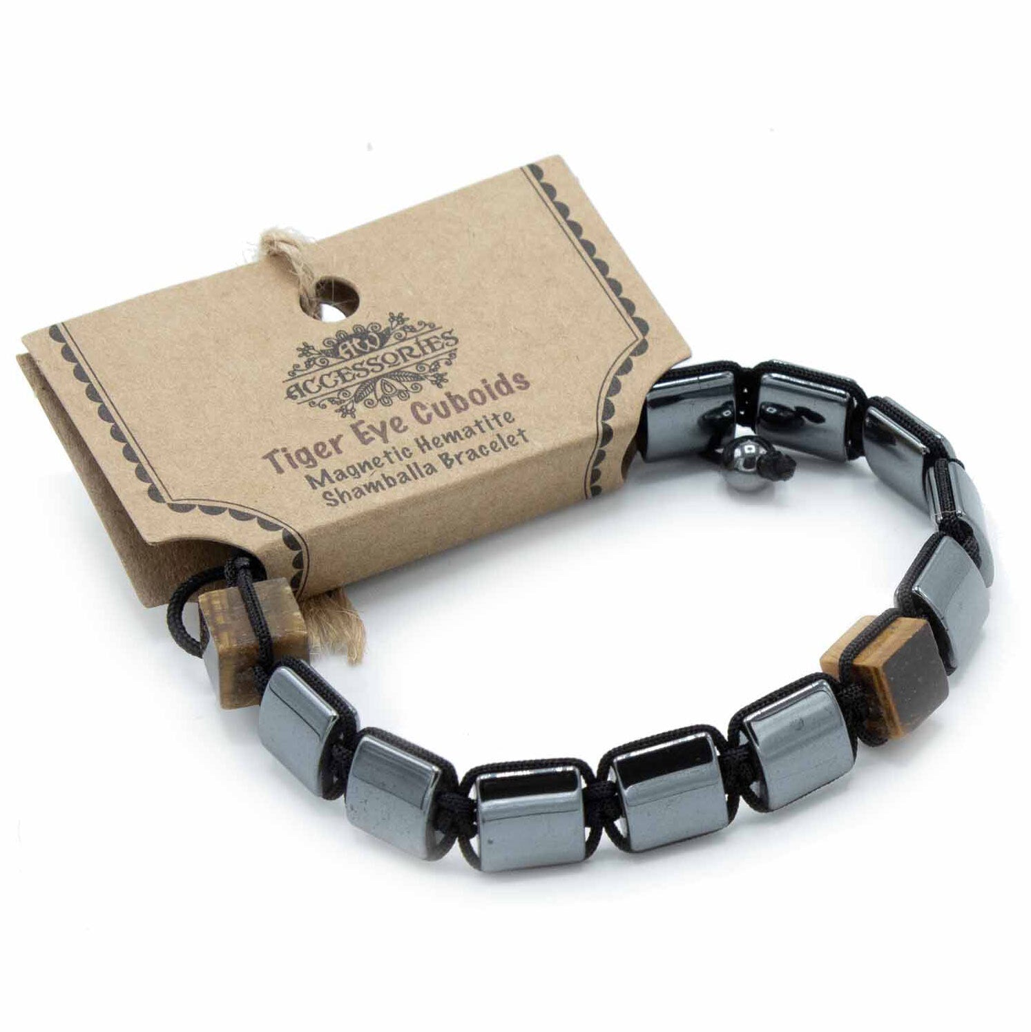 Magnetic Hematite Shamballa Bracelet - Tiger Eye Cuboids - Per case: 1 Piece