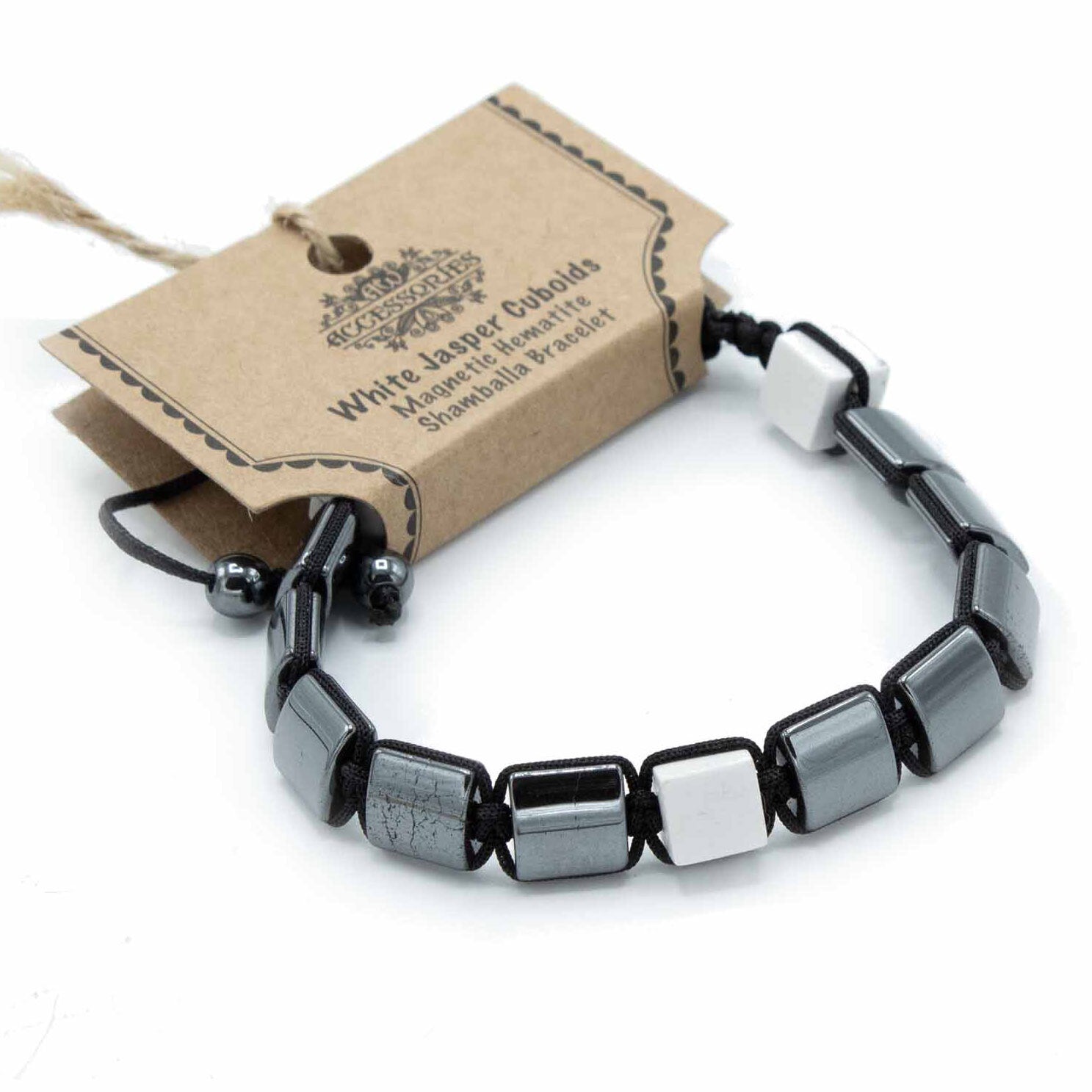Magnetic Hematite Shamballa Bracelet - White Jasper Cuboids - Per case: 1 Piece