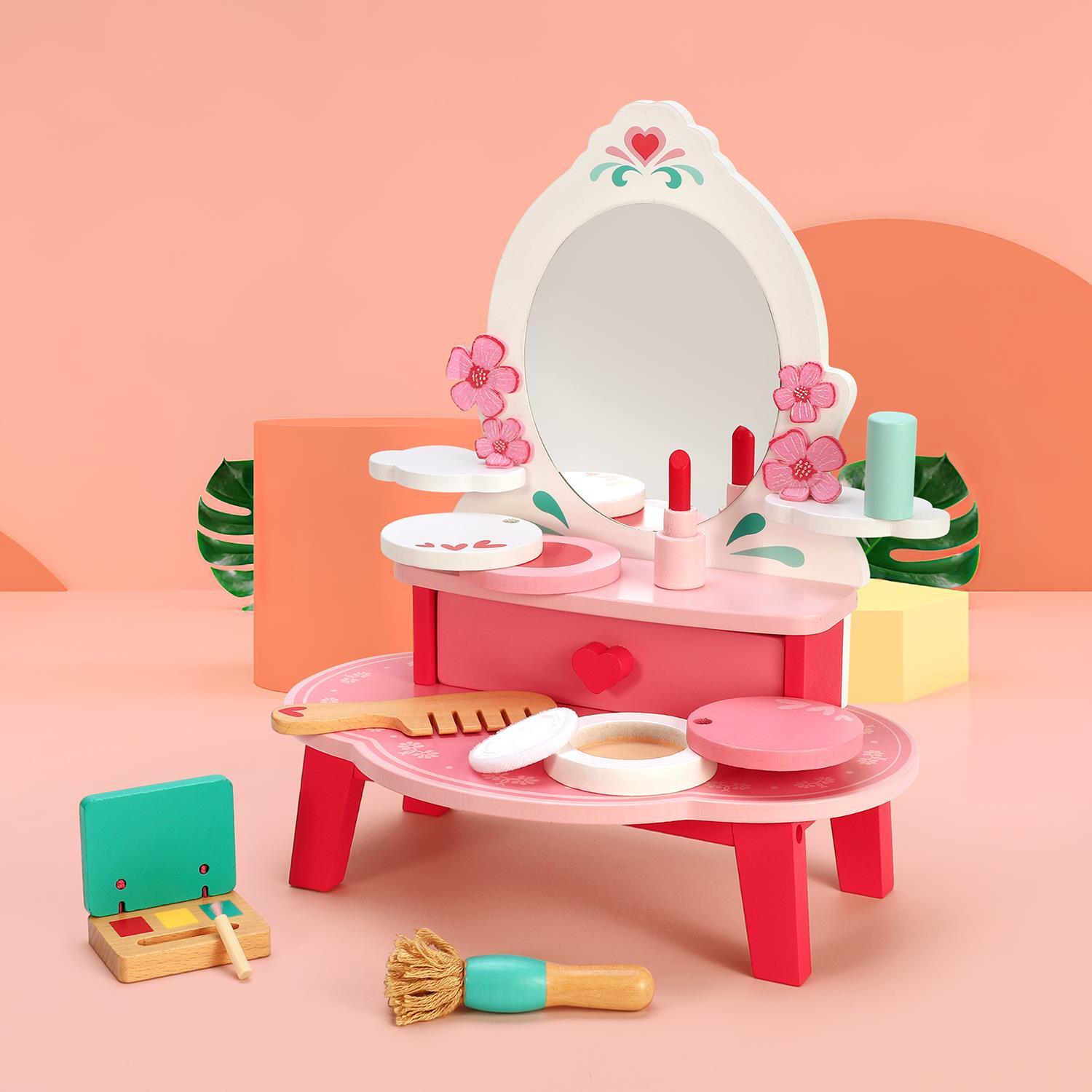SOKA Wooden Dressing Table Top Vanity Mirror Pretend Play Make Up Kit 3+