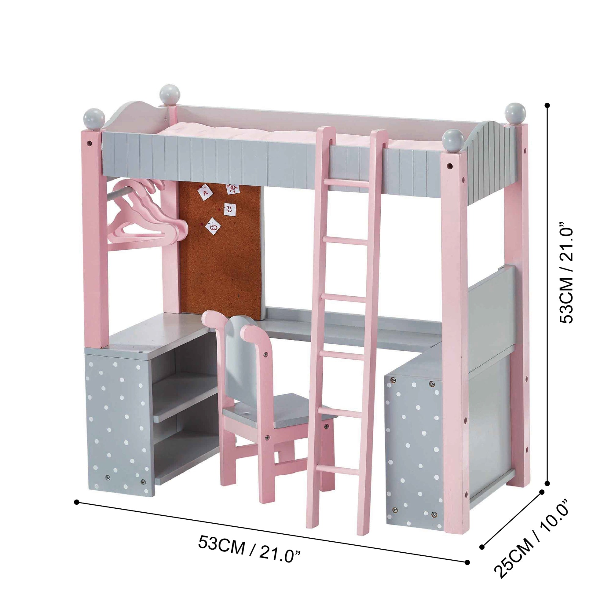 Olivias World Doll Wooden Furniture Polka Dots Double Bunk Bed Desk TD-0204AG