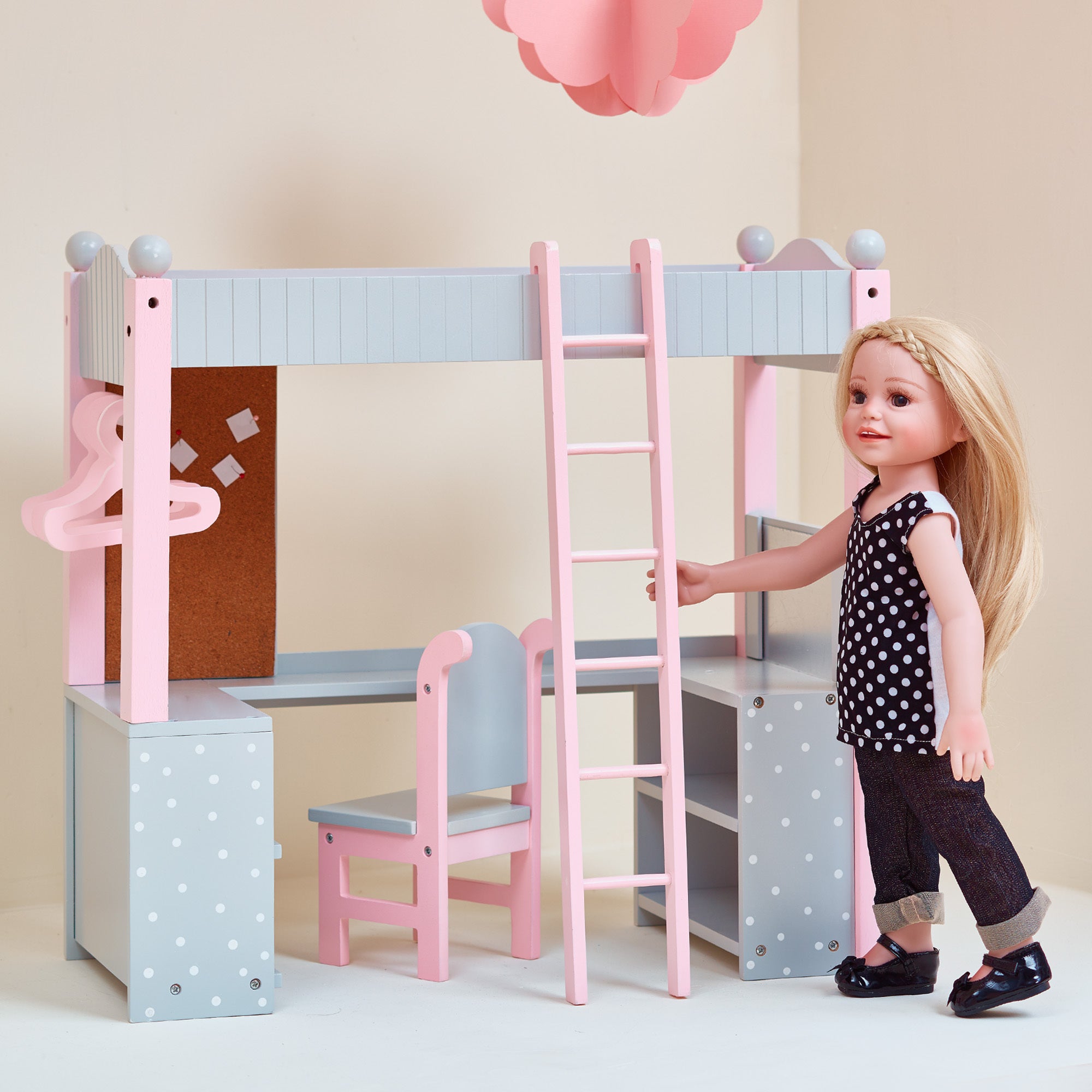 Olivias World Doll Wooden Furniture Polka Dots Double Bunk Bed Desk TD-0204AG