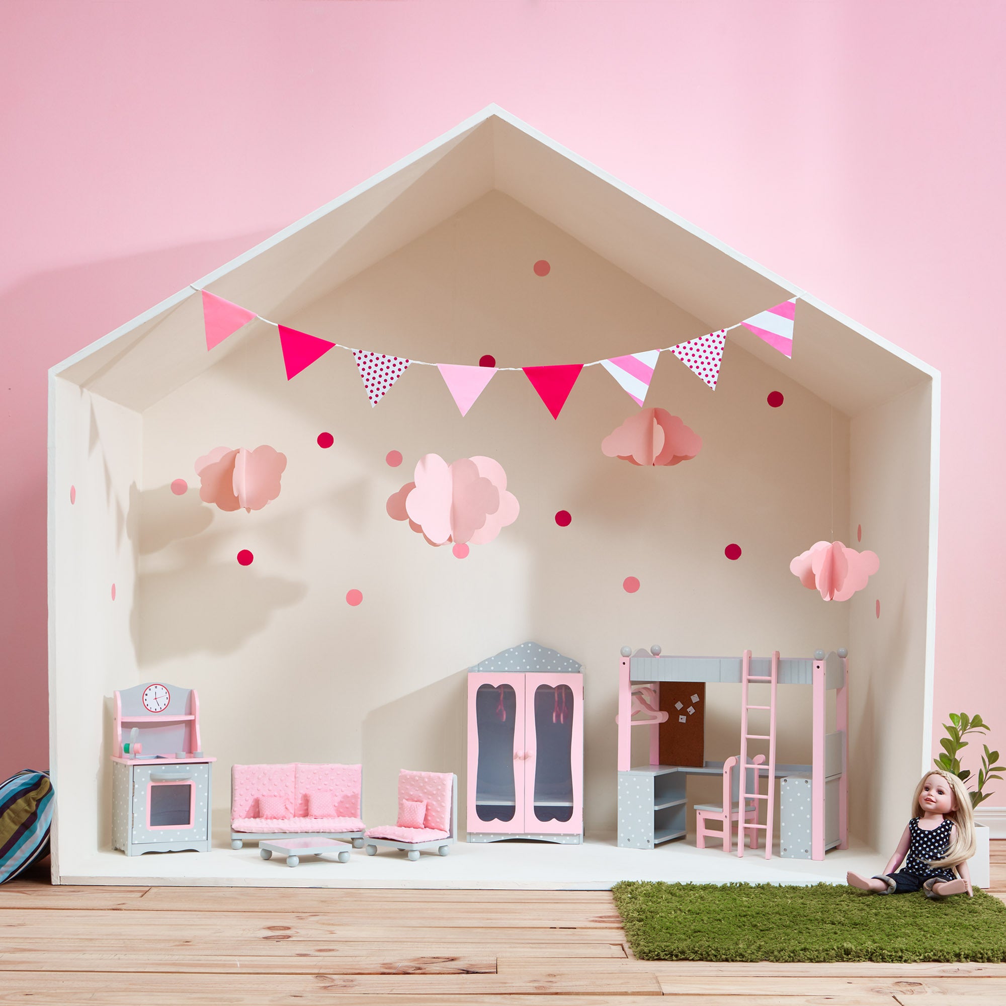 Olivias World Doll Wooden Furniture Polka Dots Double Bunk Bed Desk TD-0204AG