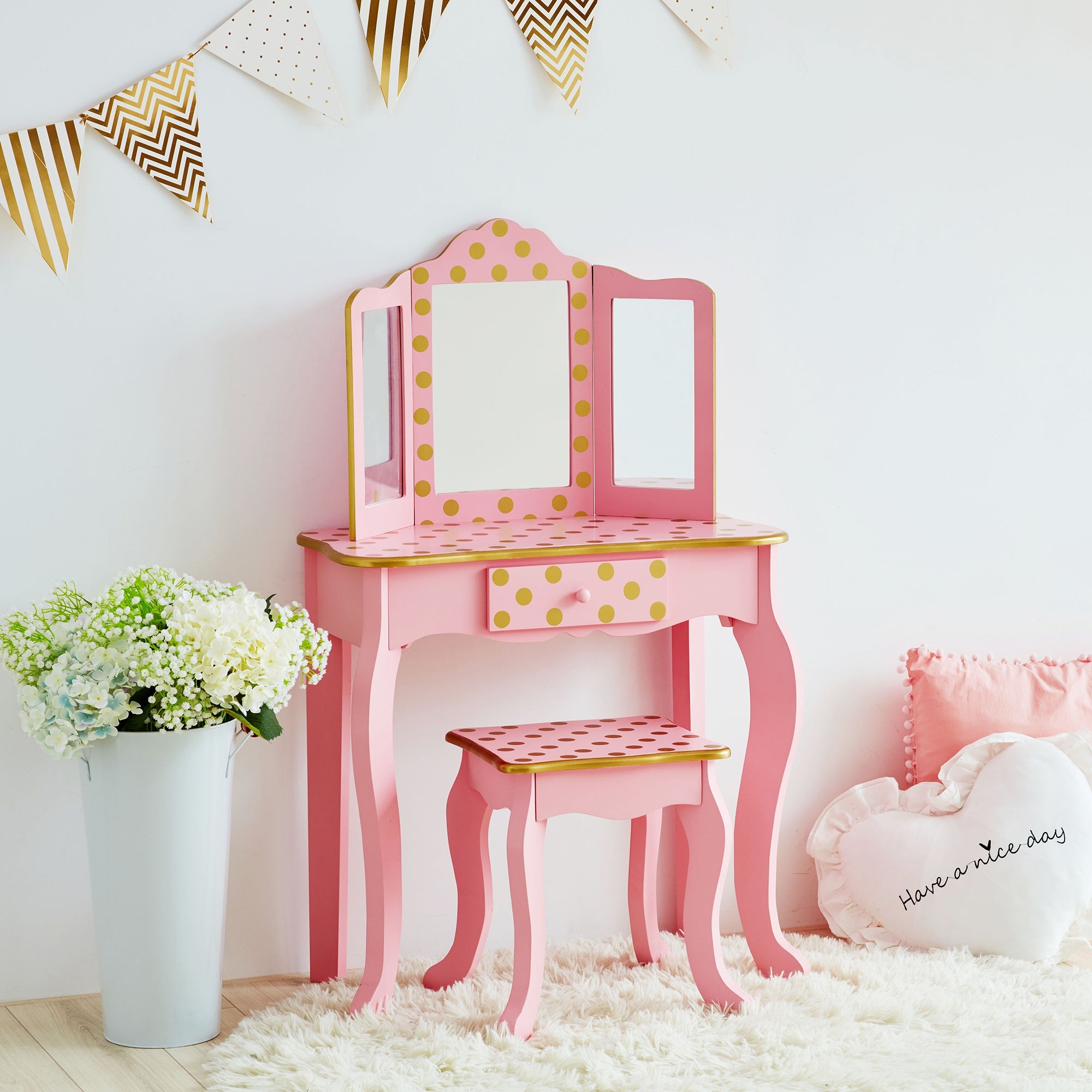 Fantasy Fields Dressing Tables Vanity Table w/ Mirror Stool Polka Dot TD-11670L