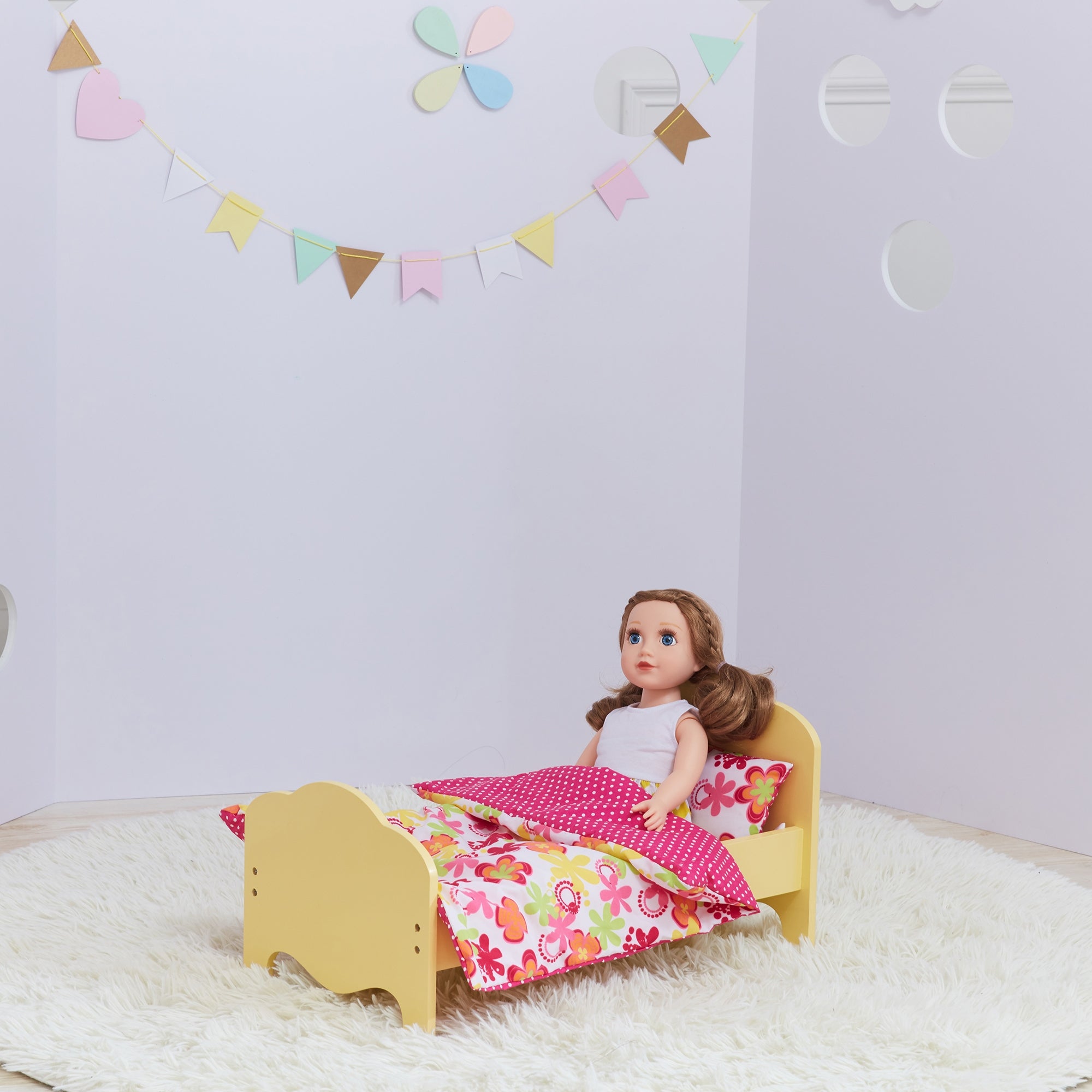 Olivia's Little World Doll Single Bed Yellow & Bedding Set Floral TD-11929-1J