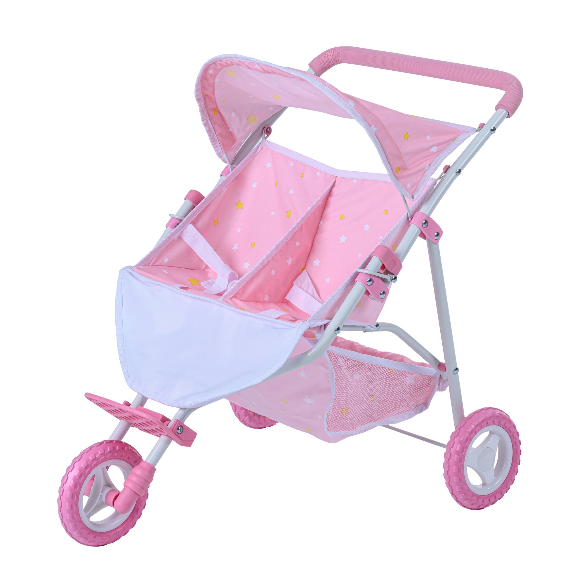 Olivia's Little World Double Twin Baby Doll Pram Stroller Pink Stars OL-00012
