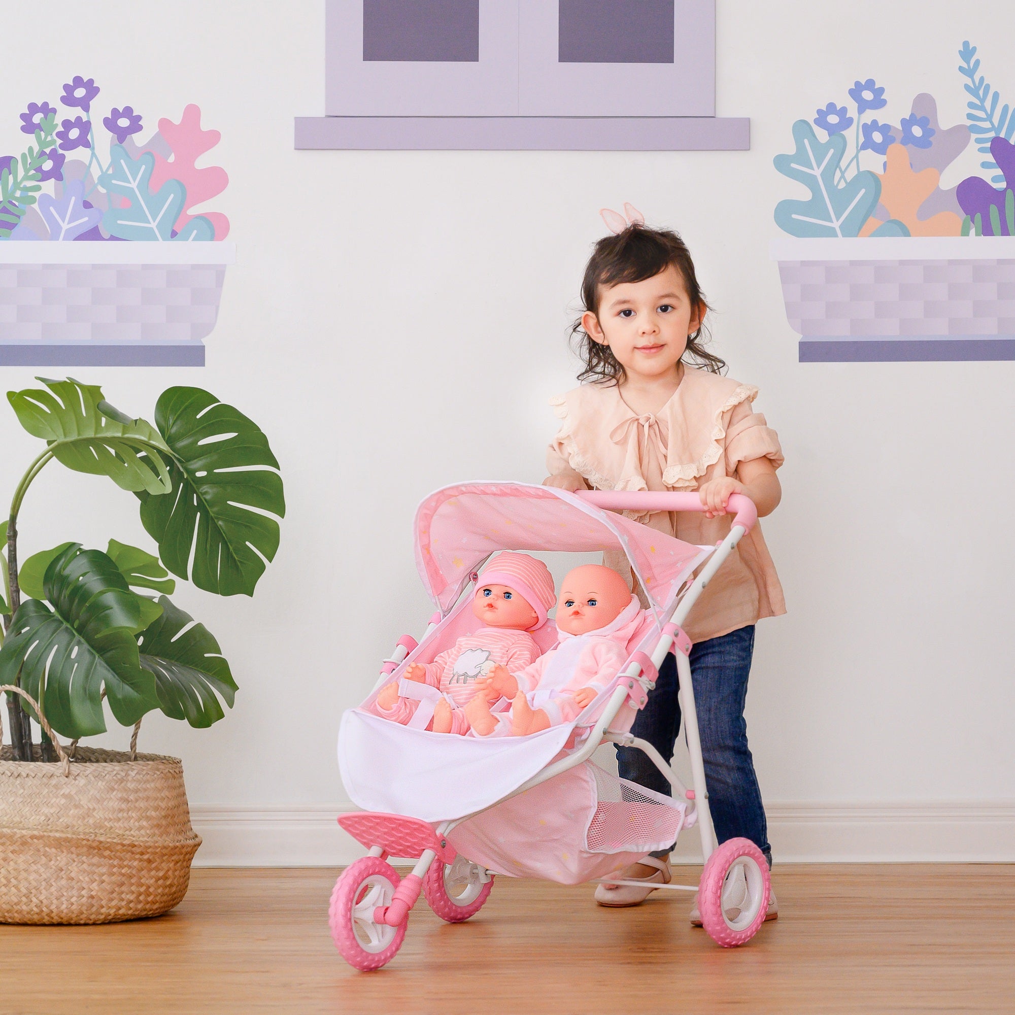 Olivia's Little World Double Twin Baby Doll Pram Stroller Pink Stars OL-00012