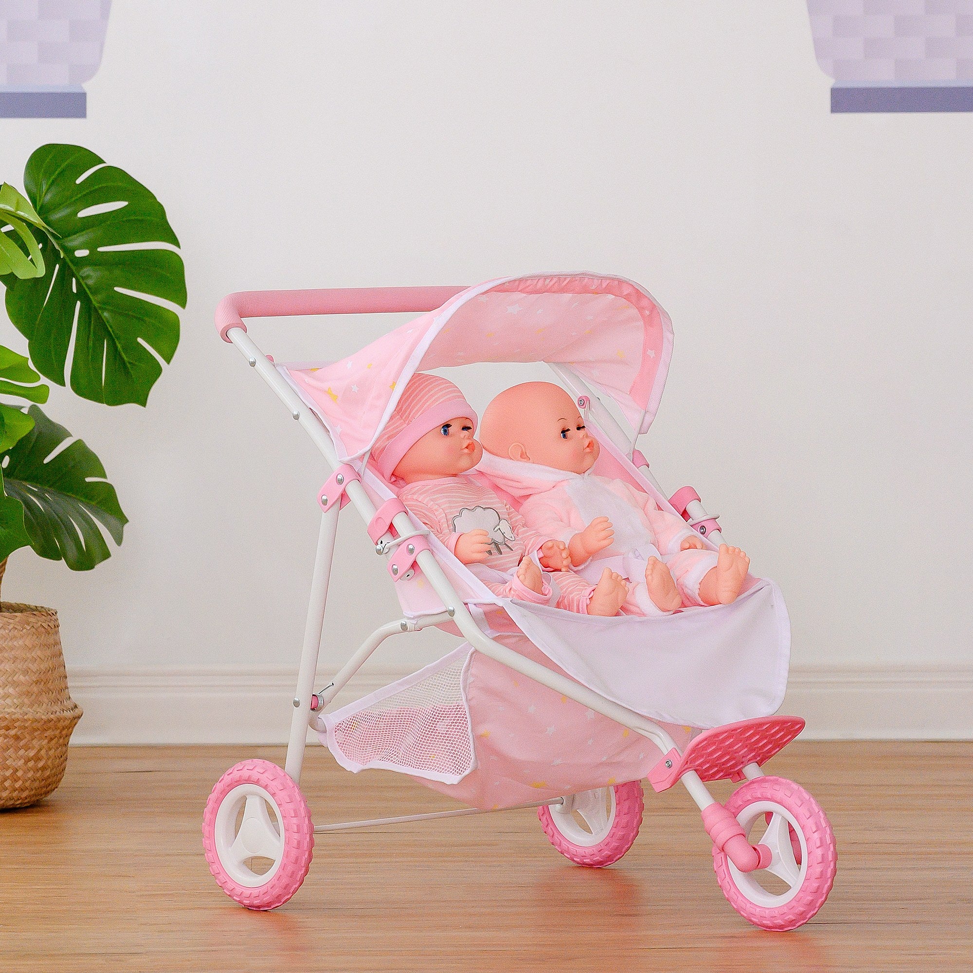 Olivia's Little World Double Twin Baby Doll Pram Stroller Pink Stars OL-00012