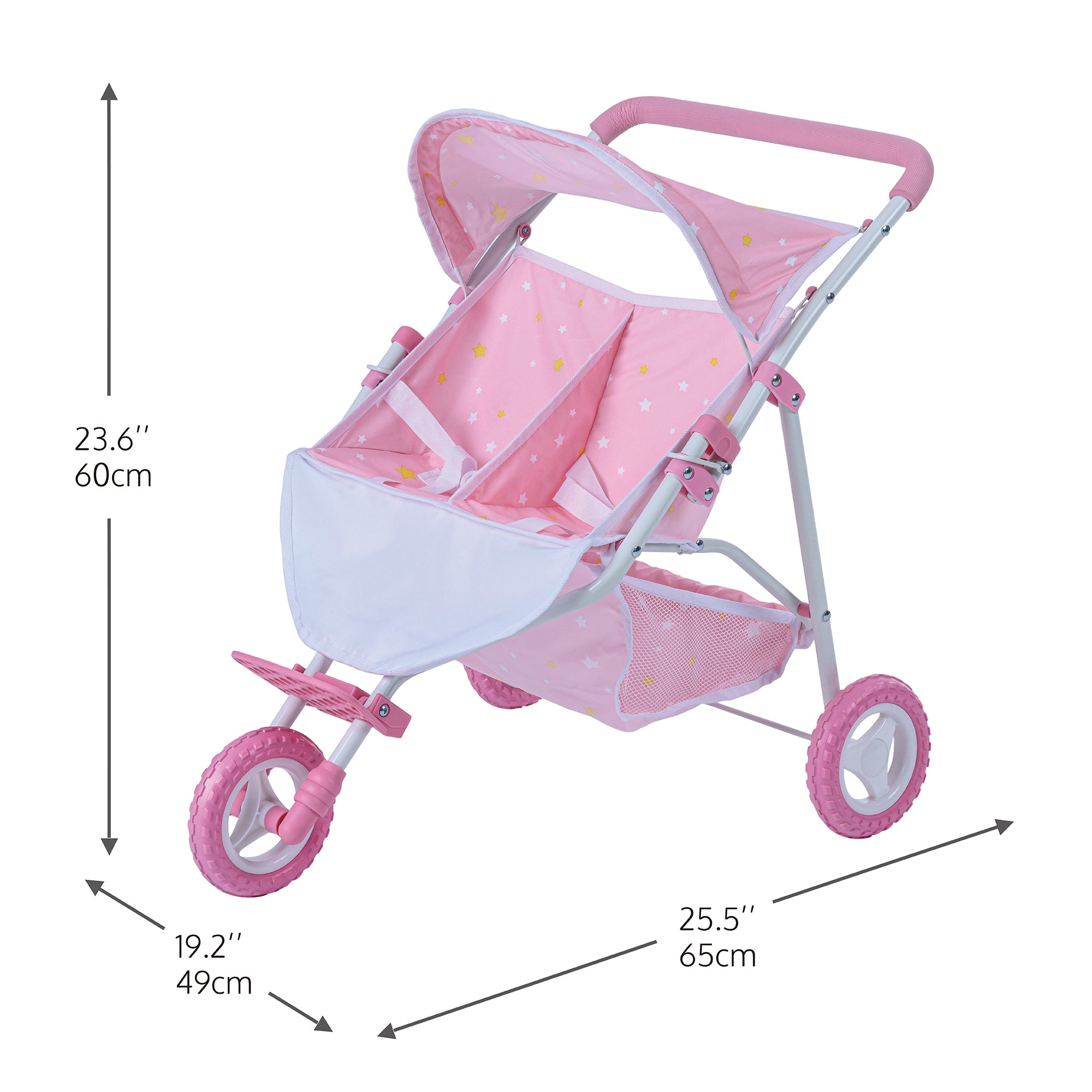 Olivia's Little World Double Twin Baby Doll Pram Stroller Pink Stars OL-00012