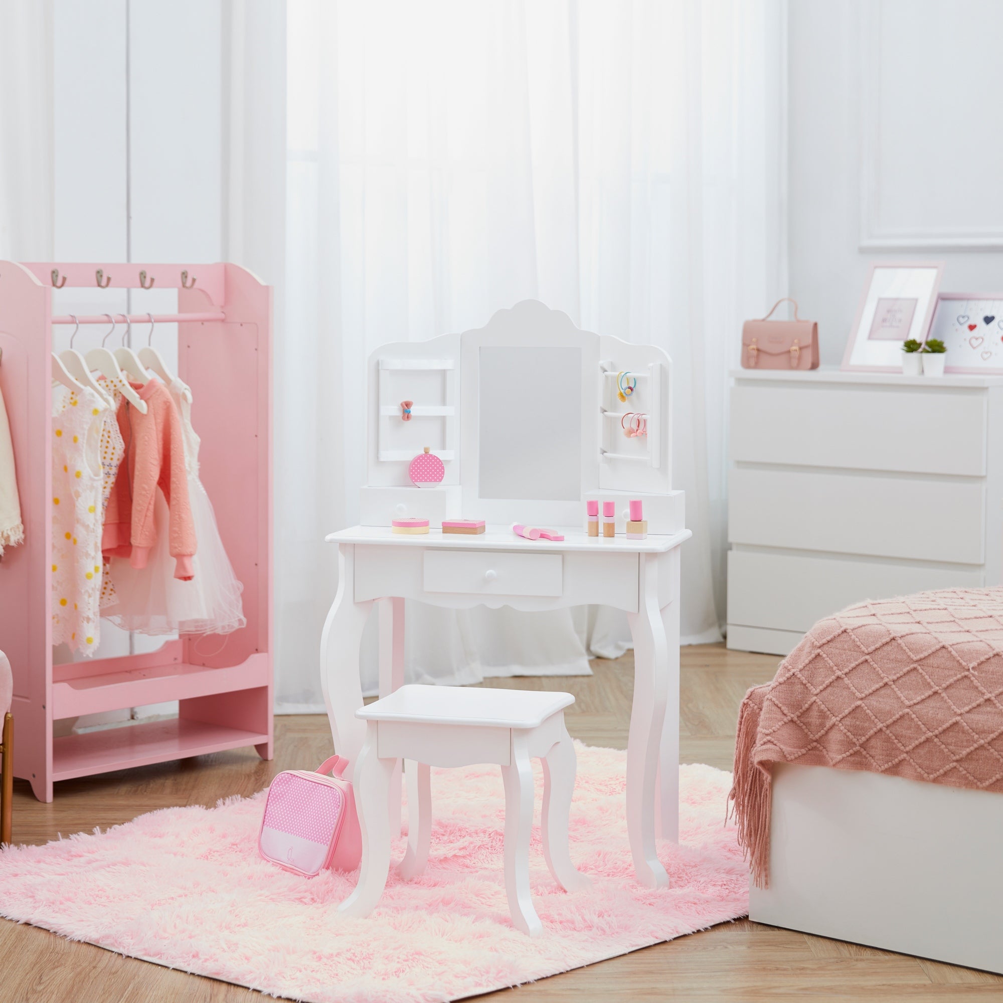 Fantasy Fields Kids Dressing Table Vanity Set, Mirror & Stool White TD-13366D
