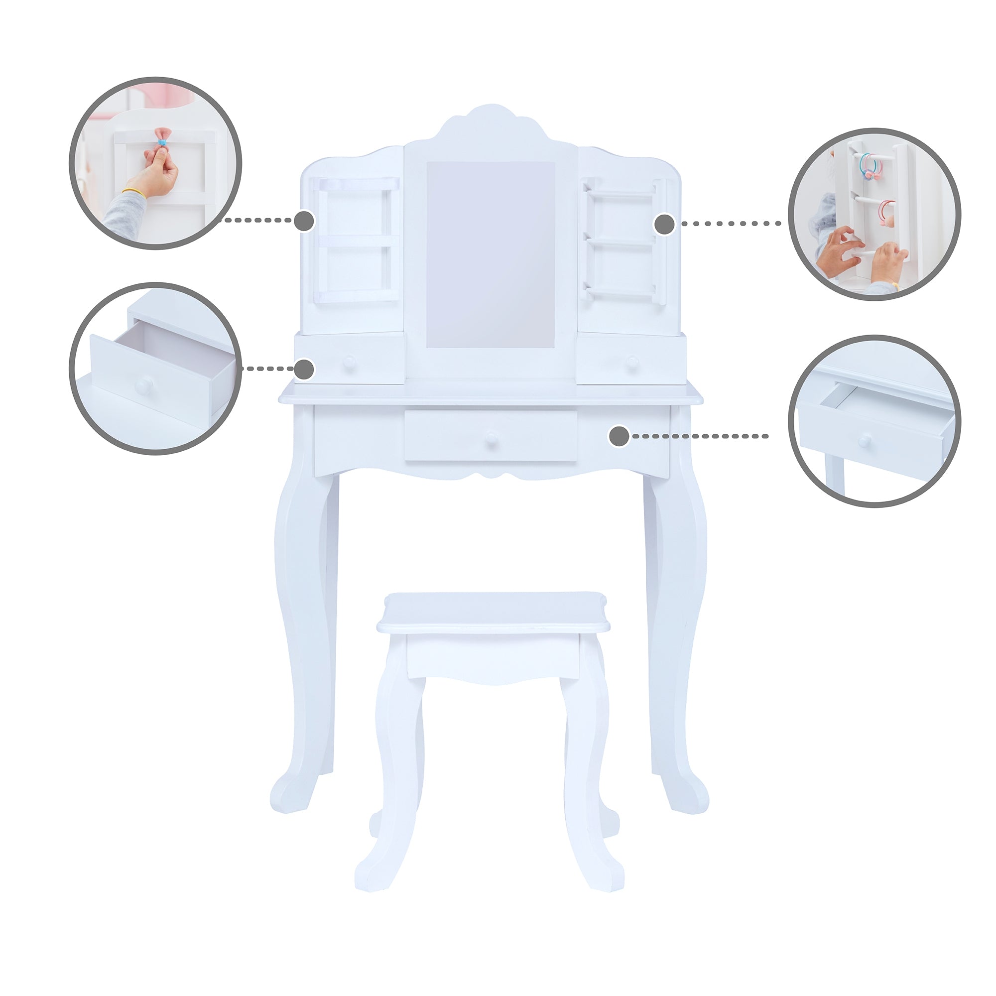 Fantasy Fields Kids Dressing Table Vanity Set, Mirror & Stool White TD-13366D