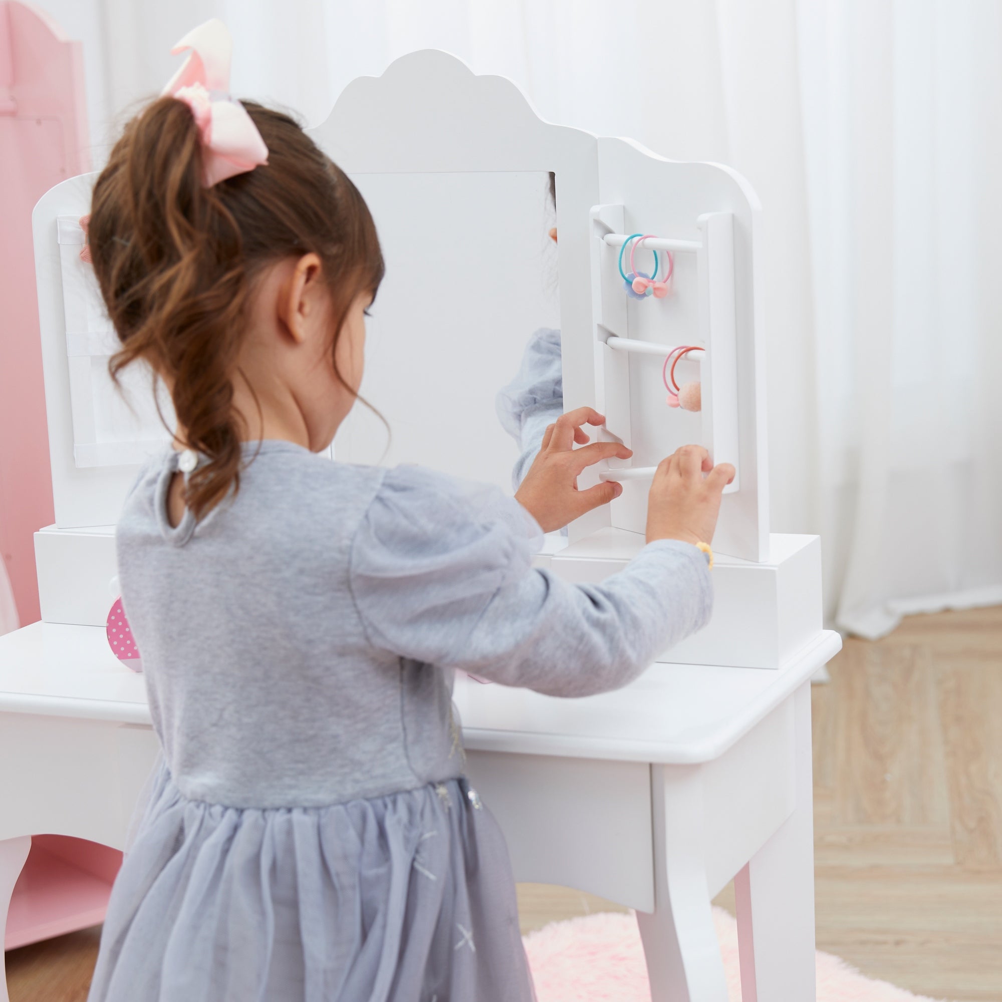 Fantasy Fields Kids Dressing Table Vanity Set, Mirror & Stool White TD-13366D