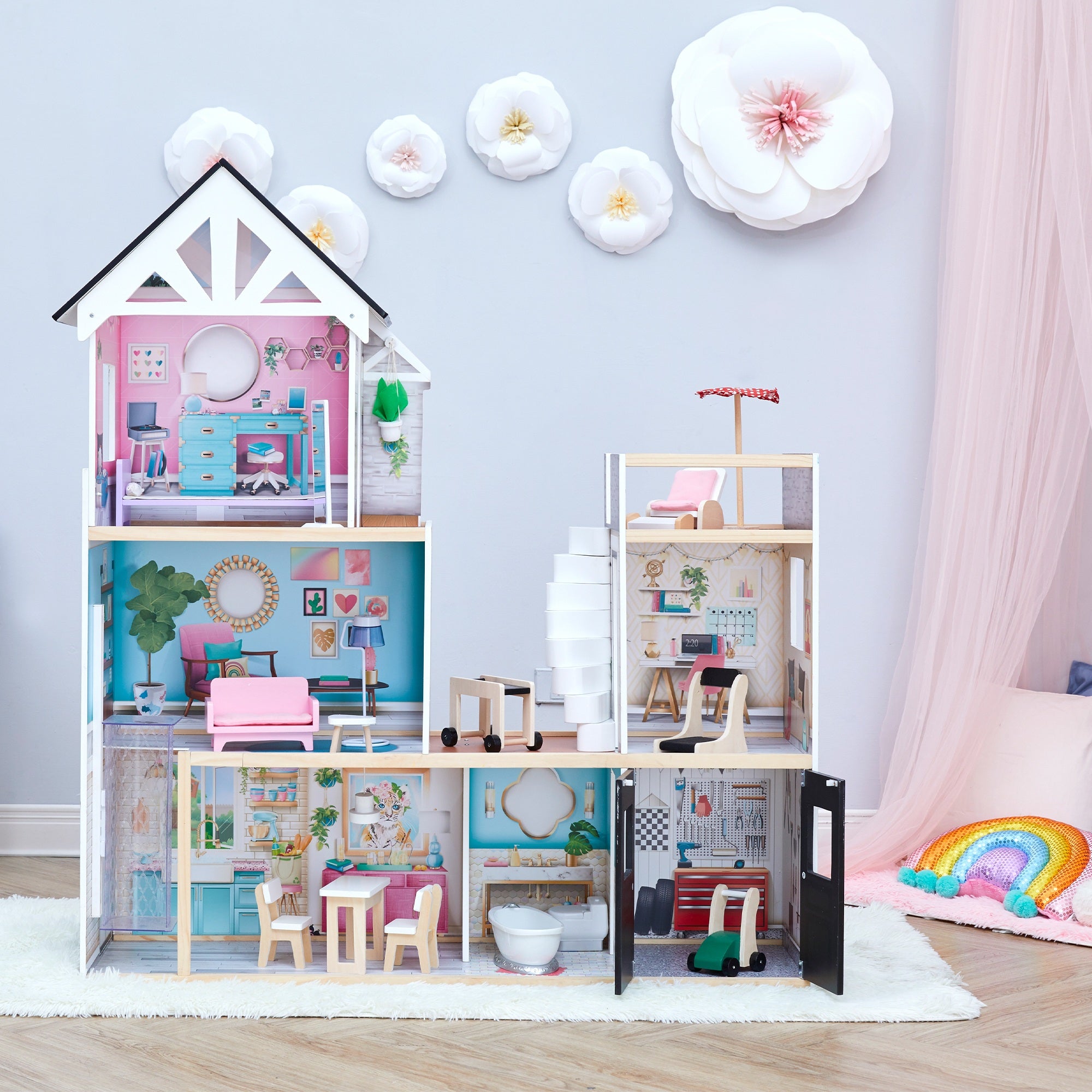 Olivia's Little World Large Dreamland Wooden Dolls House 3-Floors & 18 Pcs