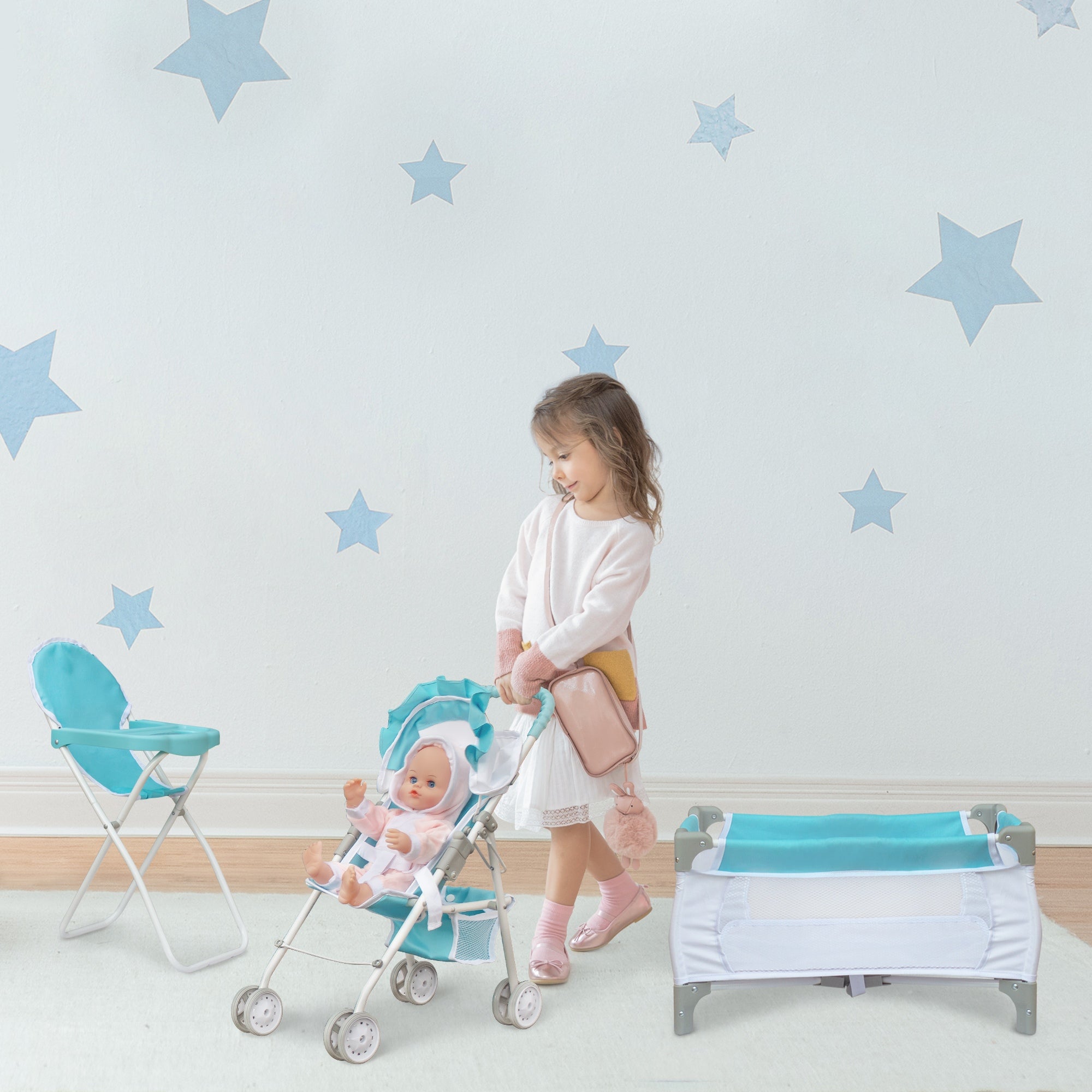 Olivia's Little World 3-in-1 Doll Stroller, Doll High Chair & Cot Set OL-00013