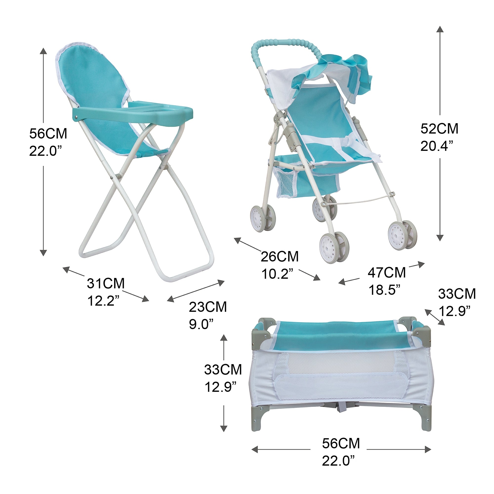 Olivia's Little World 3-in-1 Doll Stroller, Doll High Chair & Cot Set OL-00013