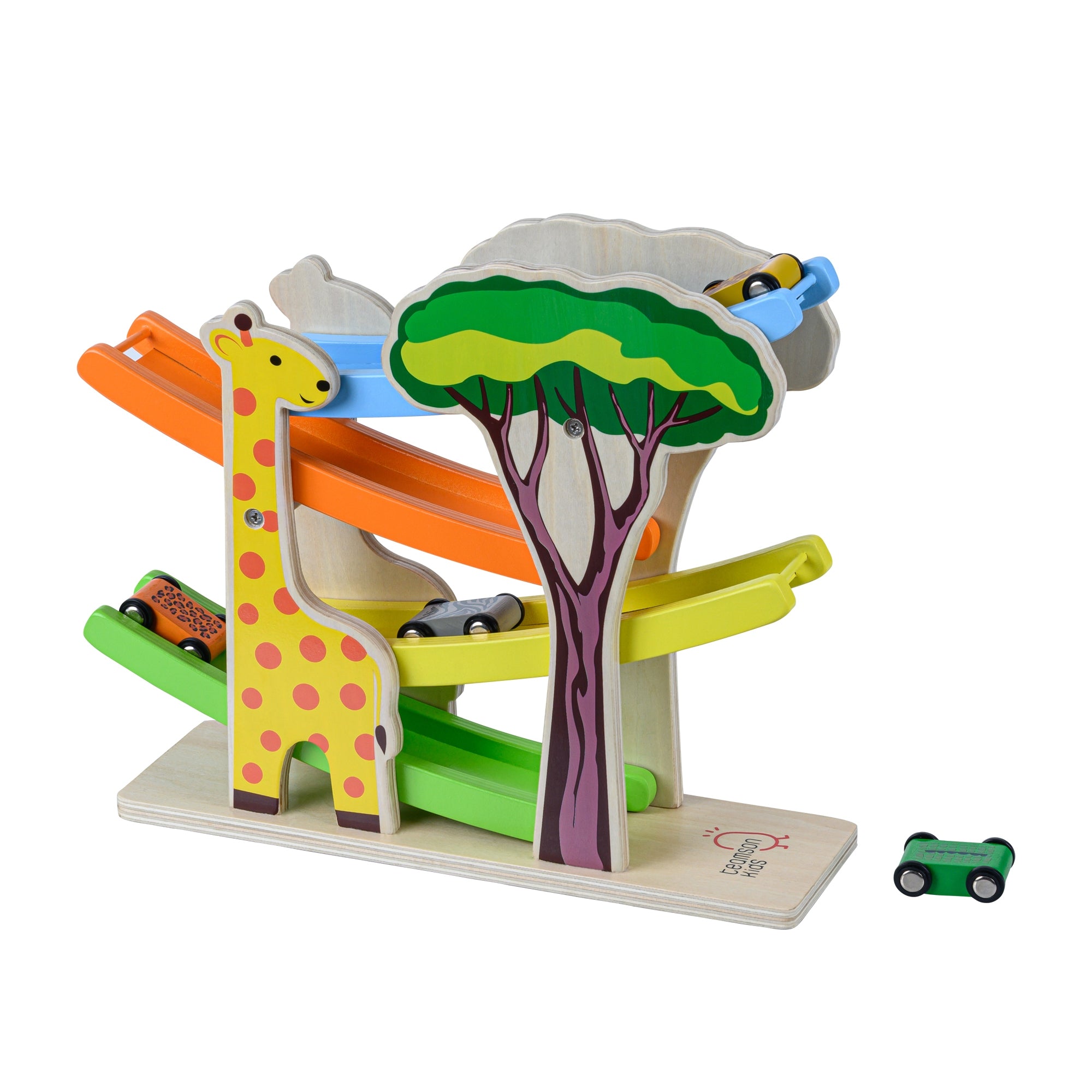 Wooden Ramp Racer Toy Click Clack Playset & 4 Safari Cars PS-T0007