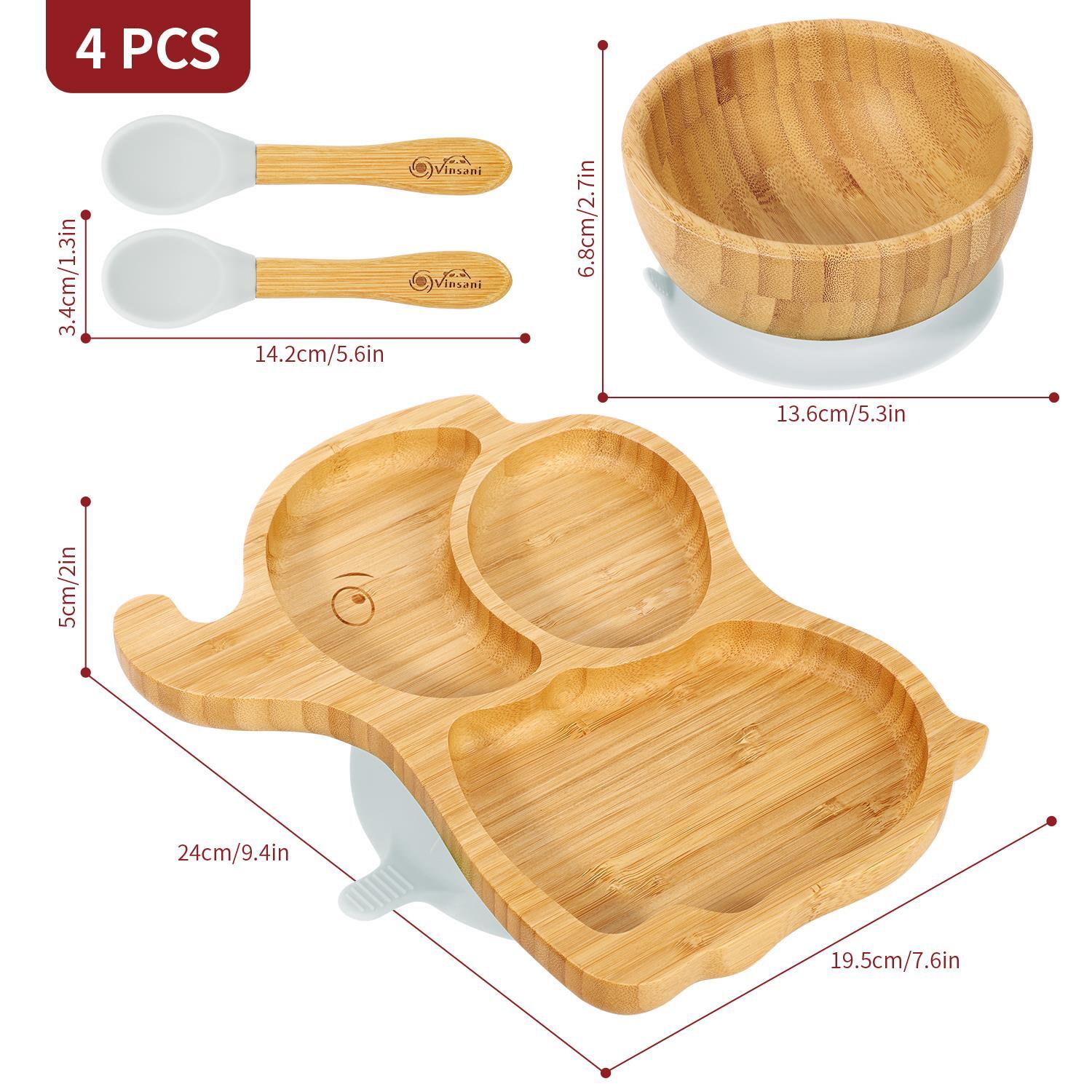 Bamboo Elephant Plate Bowl & Spoon Set Suction Stay-Put Design (Grey)