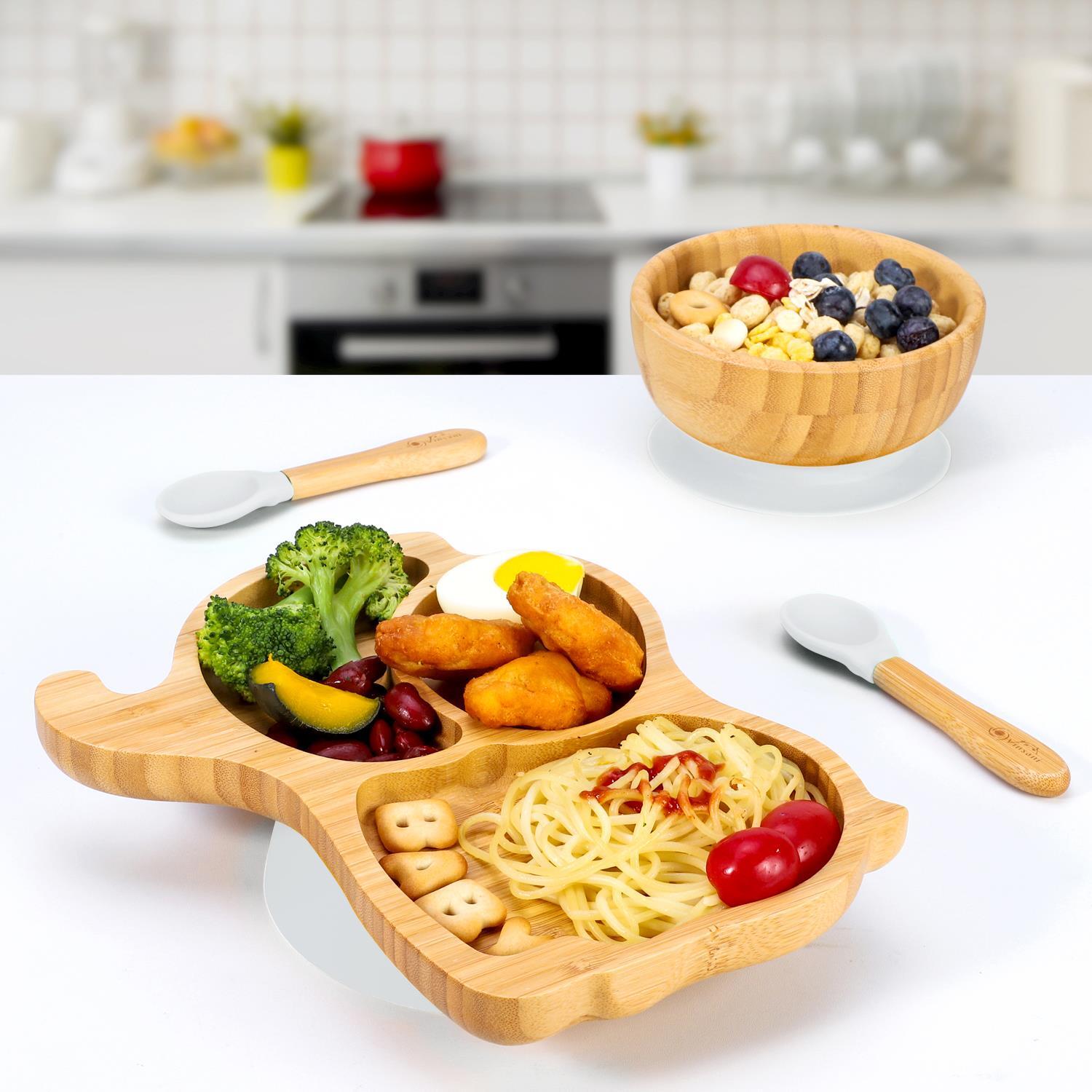 Bamboo Elephant Plate Bowl & Spoon Set Suction Stay-Put Design (Grey)