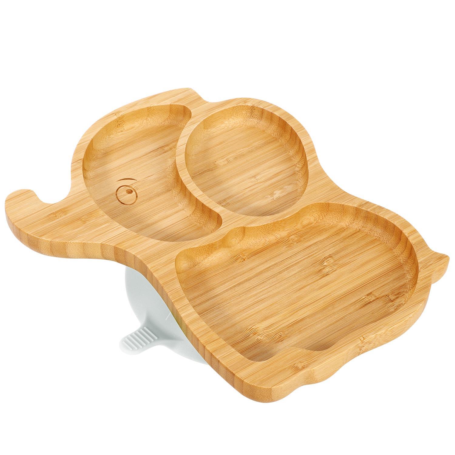 Bamboo Elephant Plate Bowl & Spoon Set Suction Stay-Put Design (Grey)
