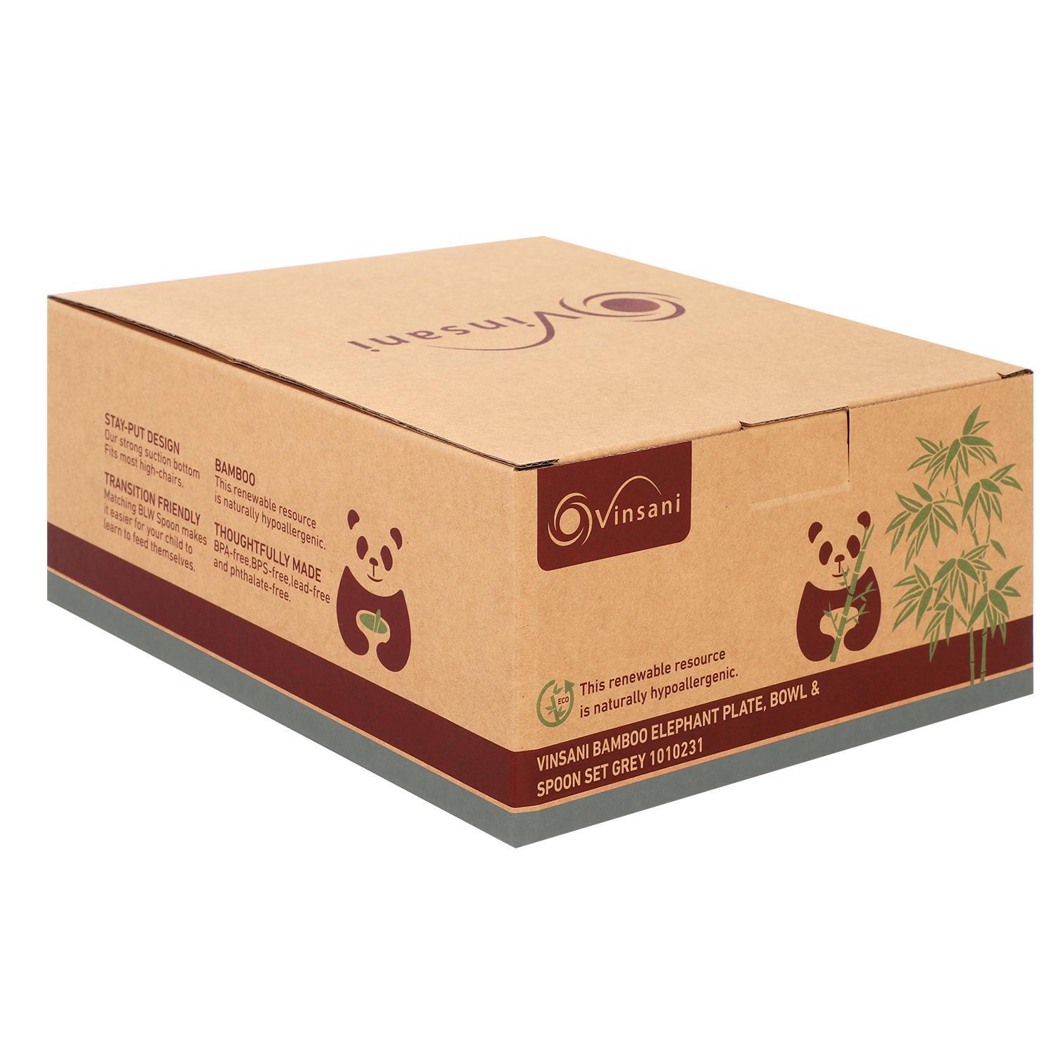 Bamboo Elephant Plate Bowl & Spoon Set Suction Stay-Put Design (Grey)