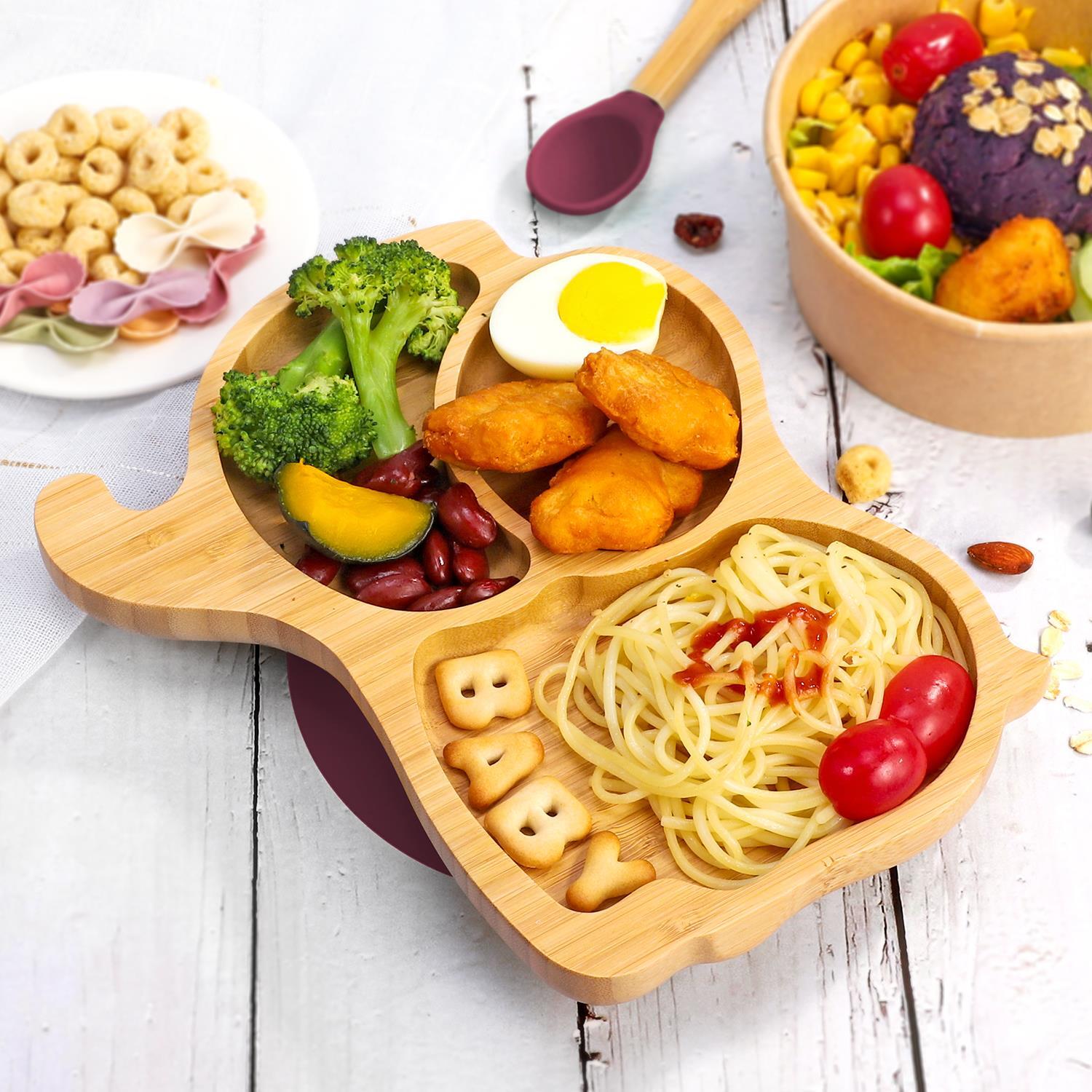 Bamboo Elephant Plate Bowl & Spoon Set Suction Stay-Put Design (Red)