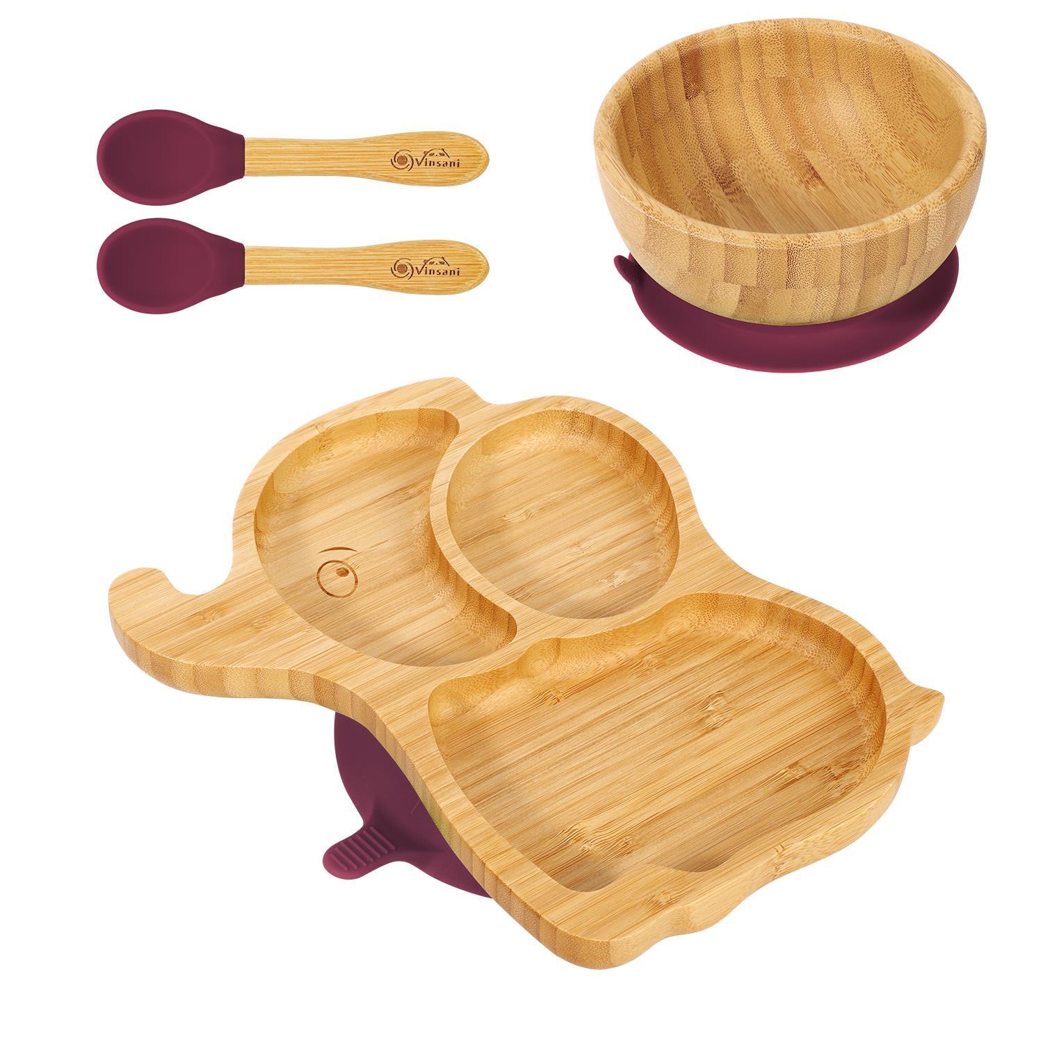 Bamboo Elephant Plate Bowl & Spoon Set Suction Stay-Put Design (Red)
