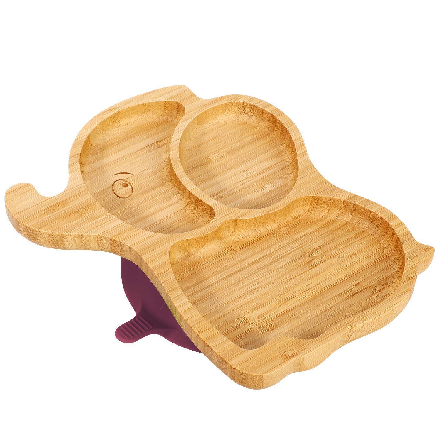 Bamboo Elephant Plate Bowl & Spoon Set Suction Stay-Put Design (Red)