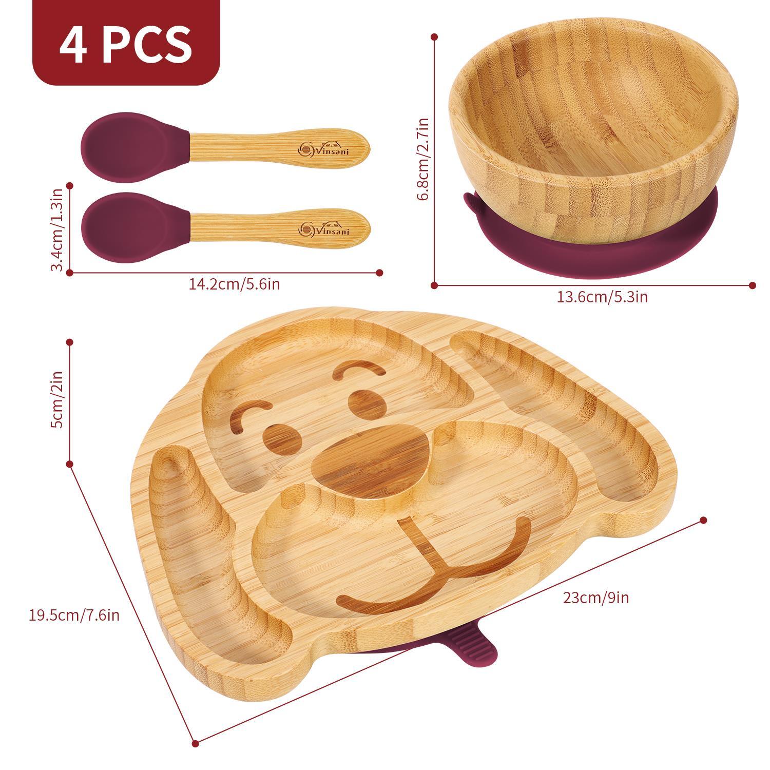 Bamboo Dog Plate Bowl & Spoon Set Suction Bowl Stay-Put Design - RED