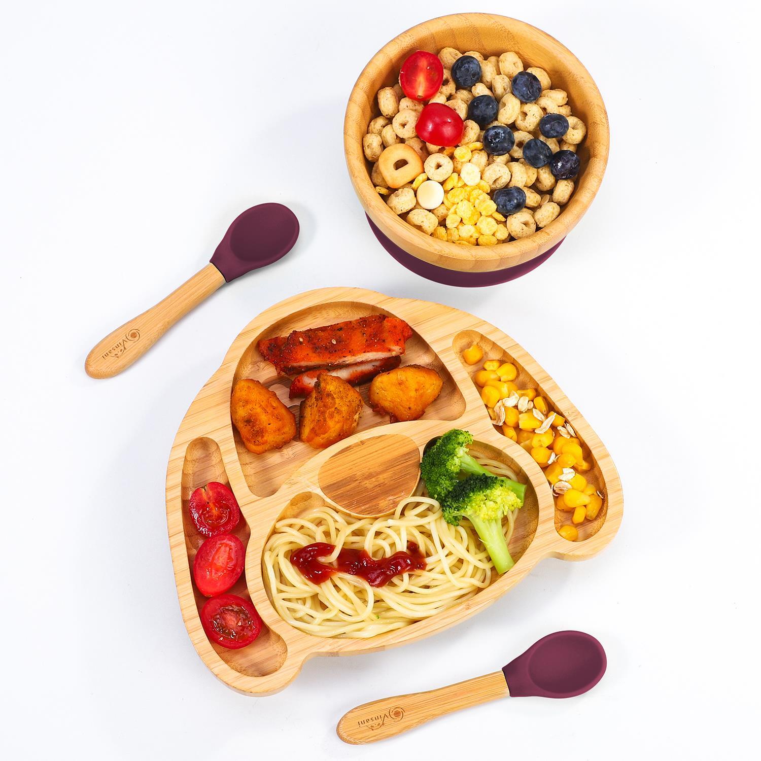 Bamboo Dog Plate Bowl & Spoon Set Suction Bowl Stay-Put Design - RED