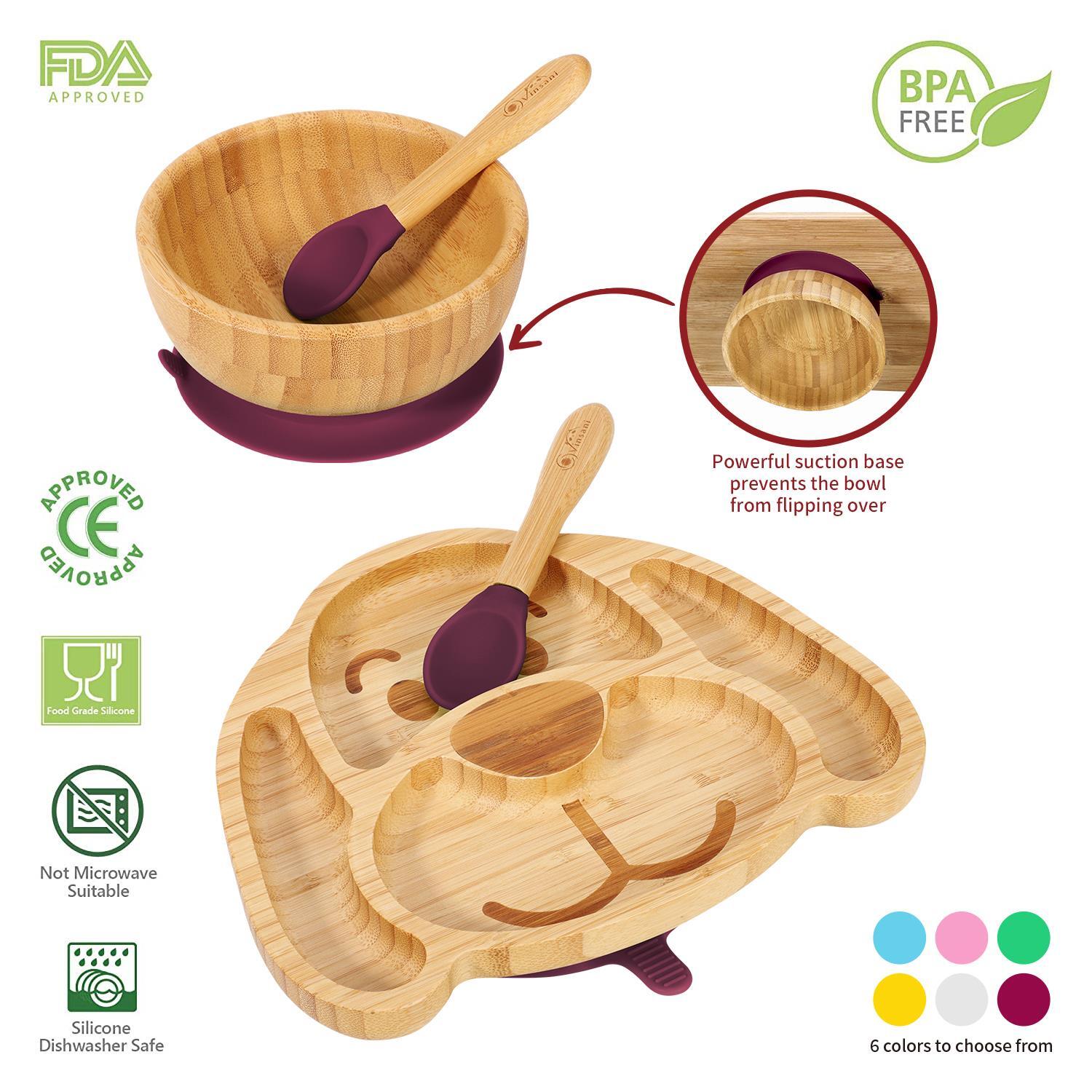 Bamboo Dog Plate Bowl & Spoon Set Suction Bowl Stay-Put Design - RED
