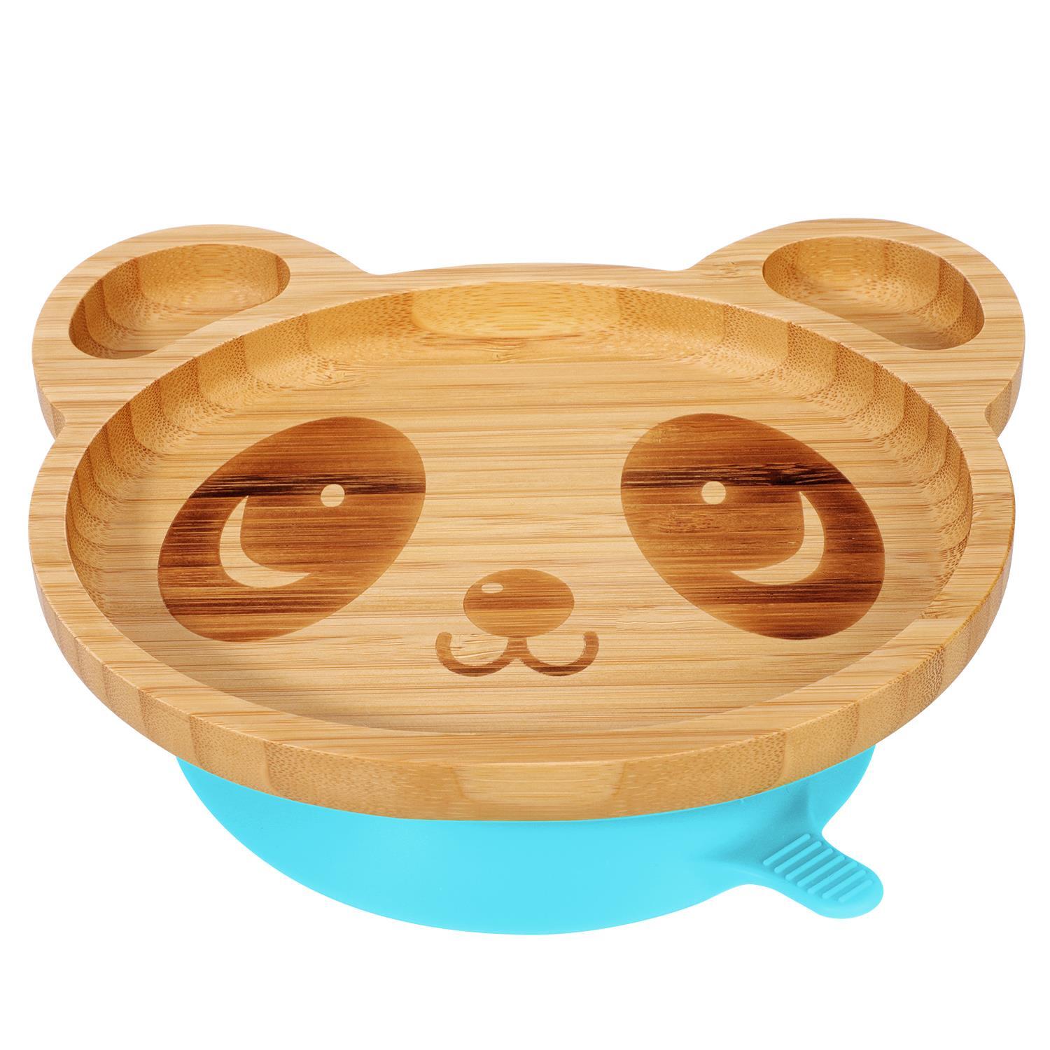 Bamboo Panda Plate Bowl & Spoon Set Suction Stay-Put Design (Blue)