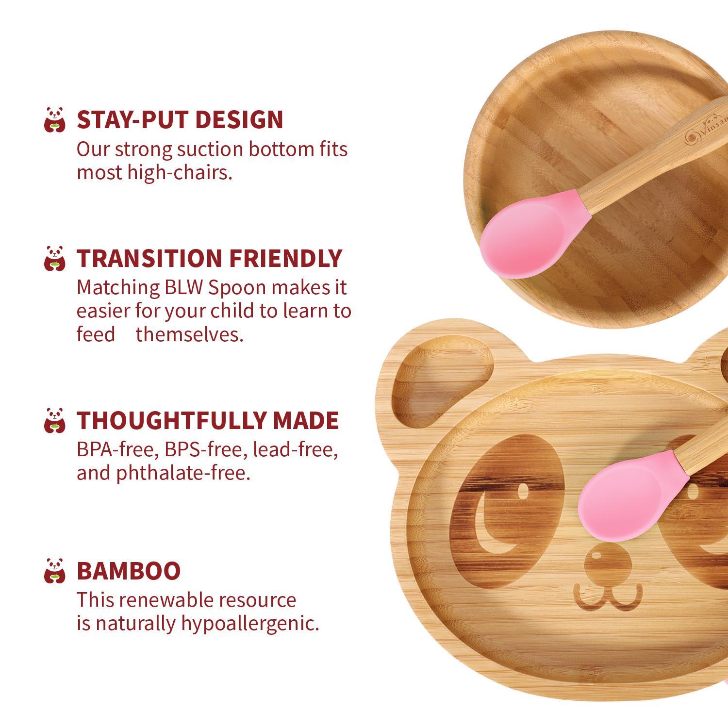 Bamboo Panda Plate Bowl & Spoon Set Suction Stay-Put Design (Pink)