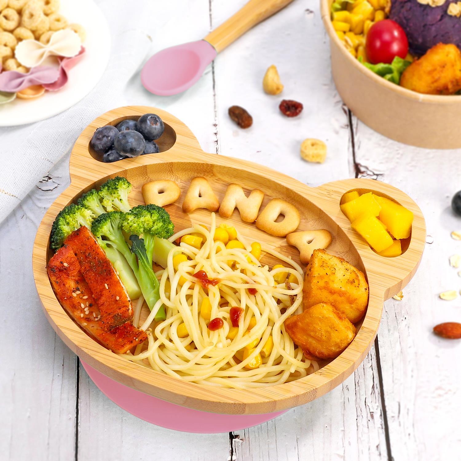 Bamboo Panda Plate Bowl & Spoon Set Suction Stay-Put Design (Pink)