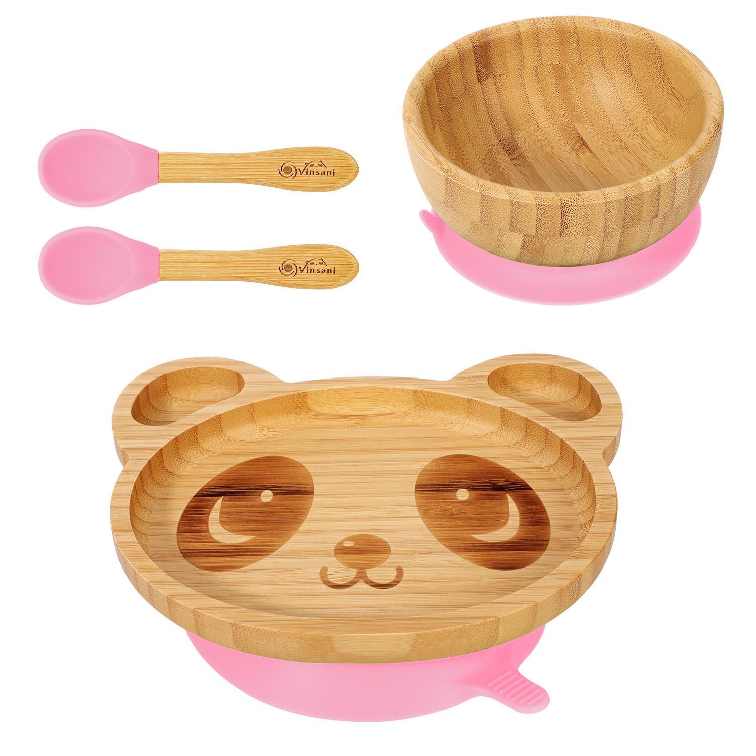 Bamboo Panda Plate Bowl & Spoon Set Suction Stay-Put Design (Pink)