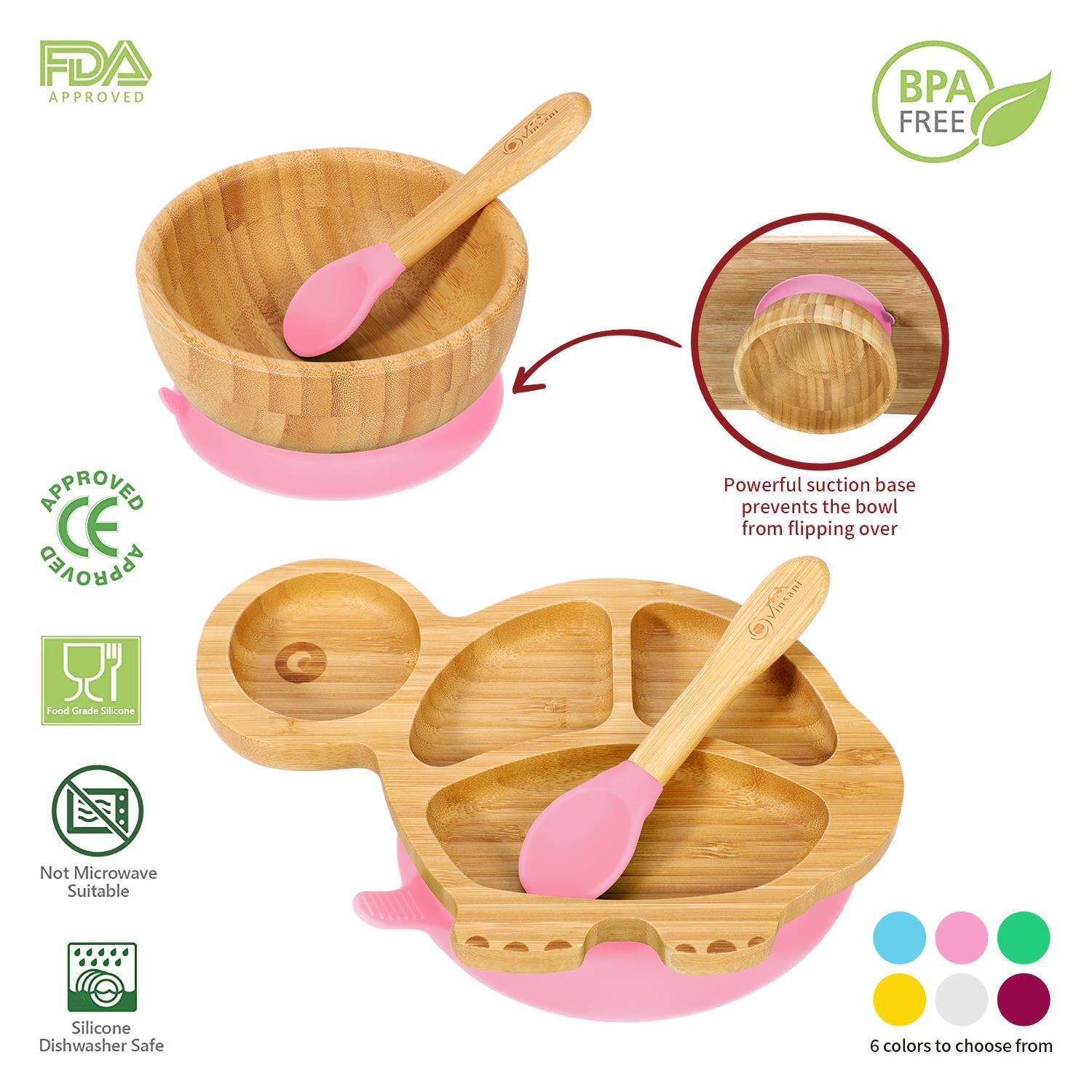 Bamboo Turtle Plate Bowl & Spoon Set Suction Stay-Put Design (Pink)