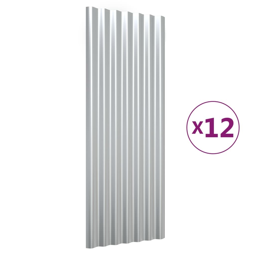 Roof Panels 12 pcs Powder-coated Steel Silver 100x36 cm