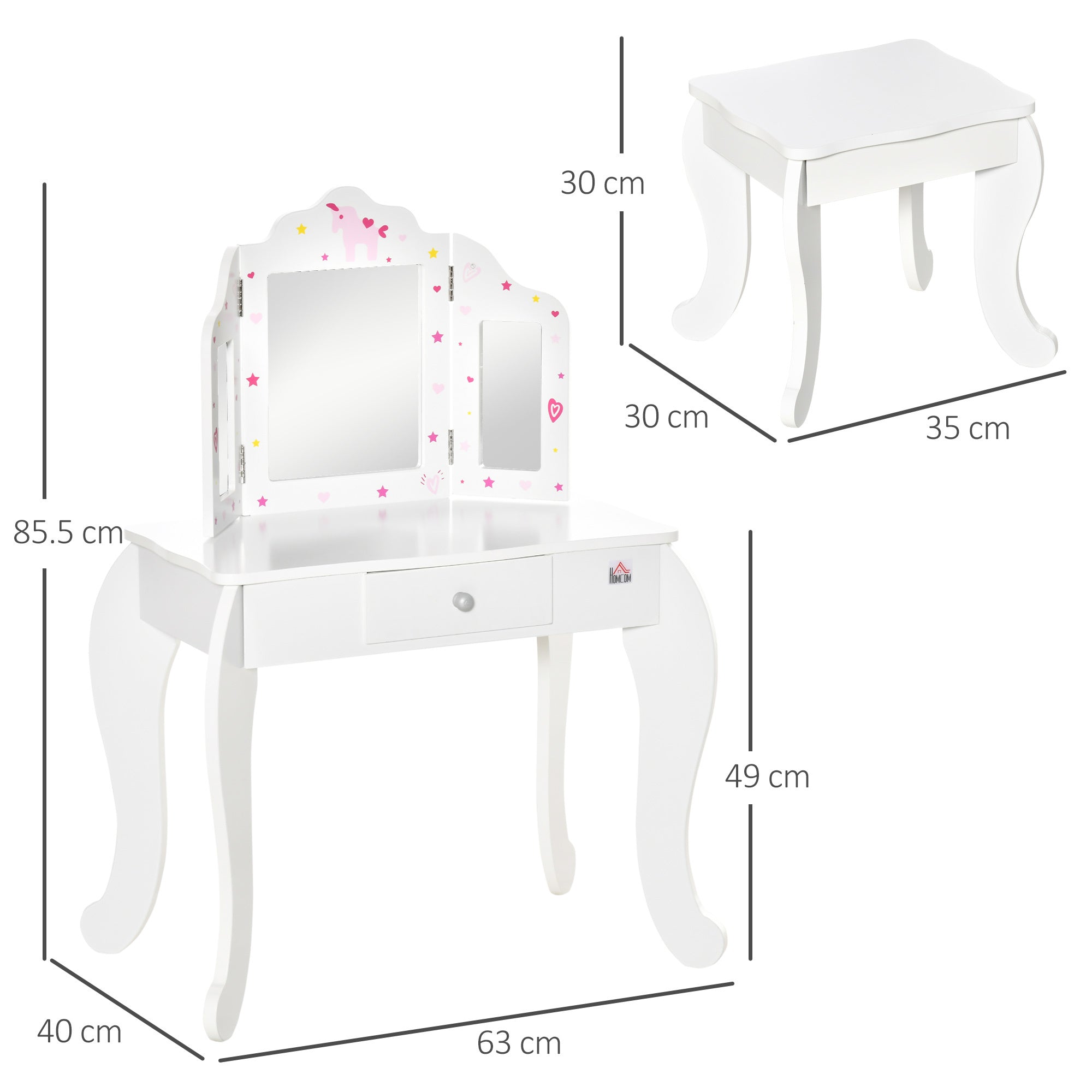 Kids Vanity Table & Stool Girls Dressing Set w/ Rotatable Mirror Drawer HOMCOM
