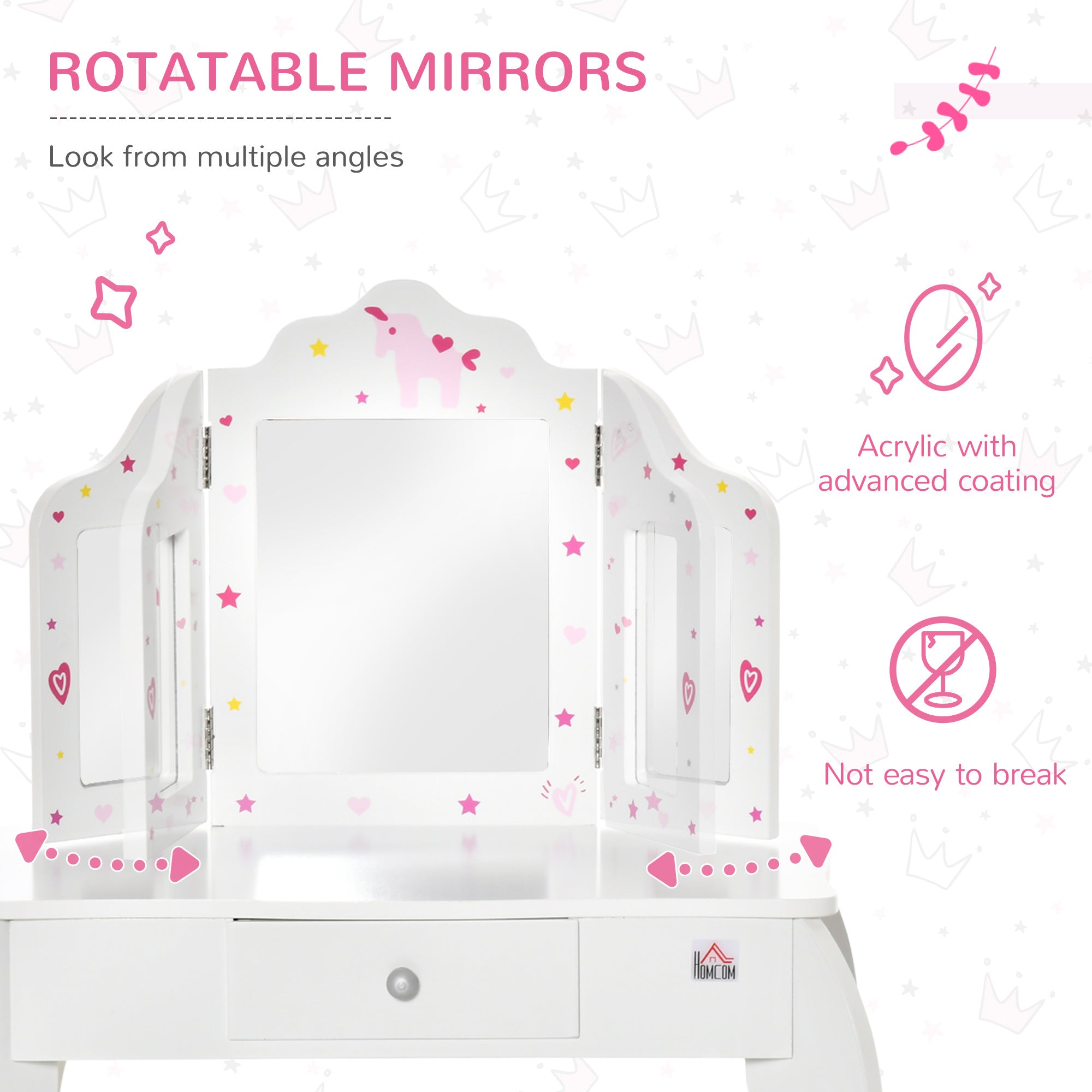 Kids Vanity Table & Stool Girls Dressing Set w/ Rotatable Mirror Drawer HOMCOM