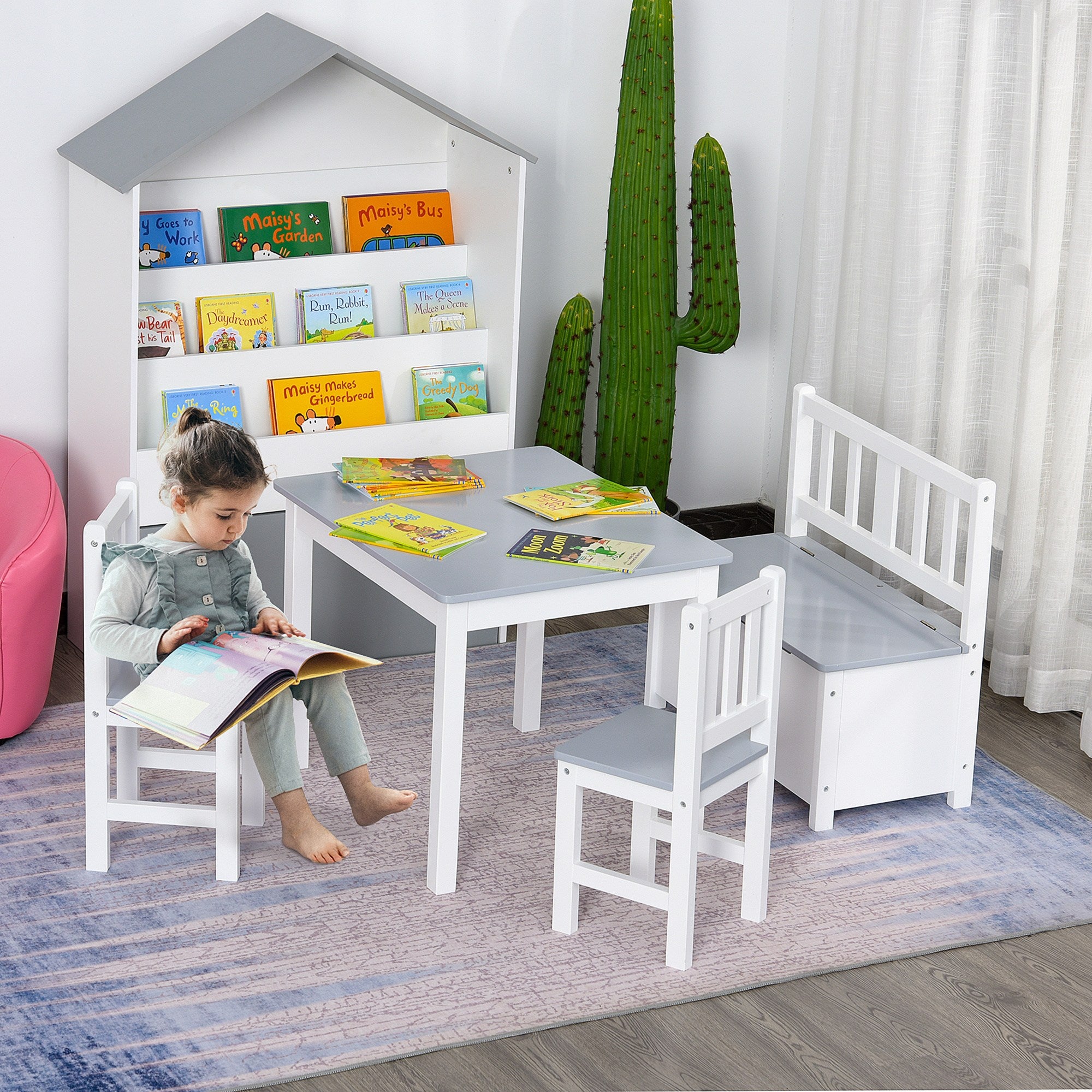 4-Piece Set Kids Wood Table Chair Bench Storage Function for 3 Years+ HOMCOM