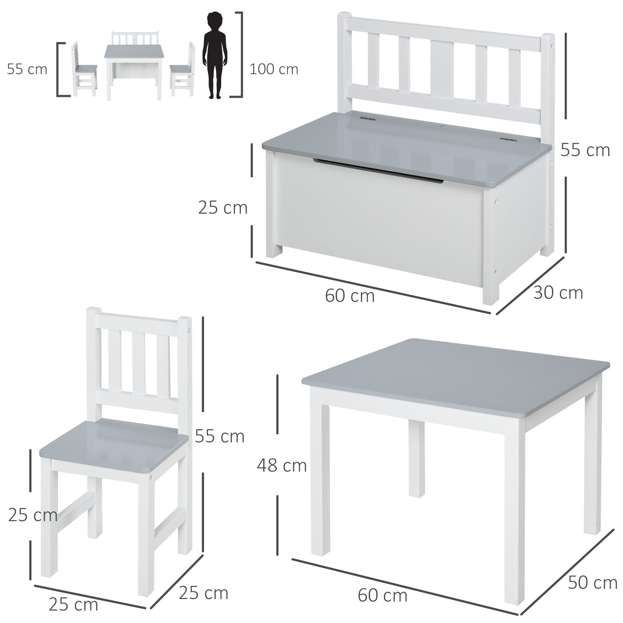 4-Piece Set Kids Wood Table Chair Bench Storage Function for 3 Years+ HOMCOM