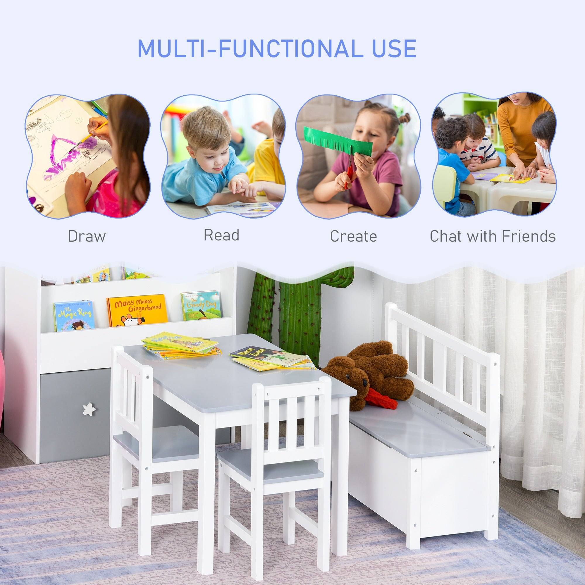 4-Piece Set Kids Wood Table Chair Bench Storage Function for 3 Years+ HOMCOM